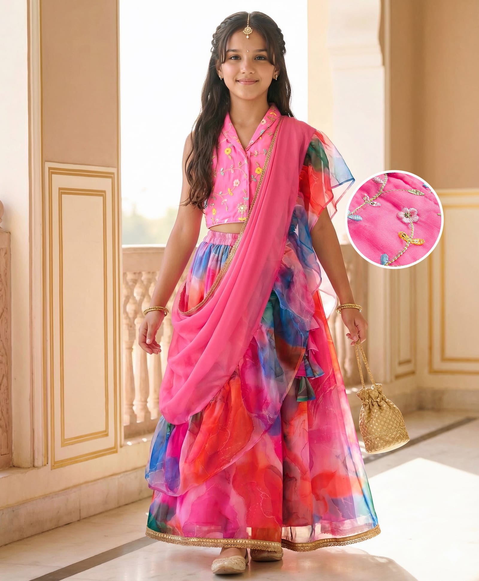 Pine Kids Woven Sleeveless Floral Sequinned & Embroidered Choli & Lehenga Set With Dupatta - Pink-image-17