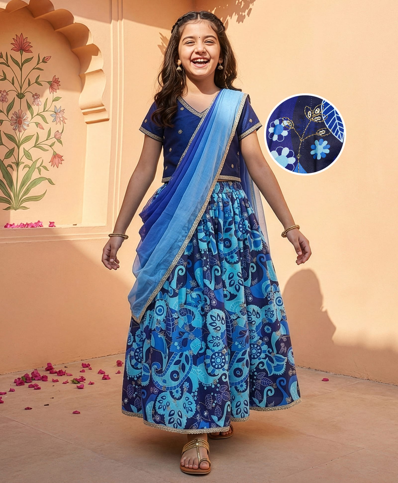 Pine Kids Woven Half Sleeves Floral Printed & Sequinned Embroidered Choli Lahenga Set with Dupatta - Light Blue-image-46