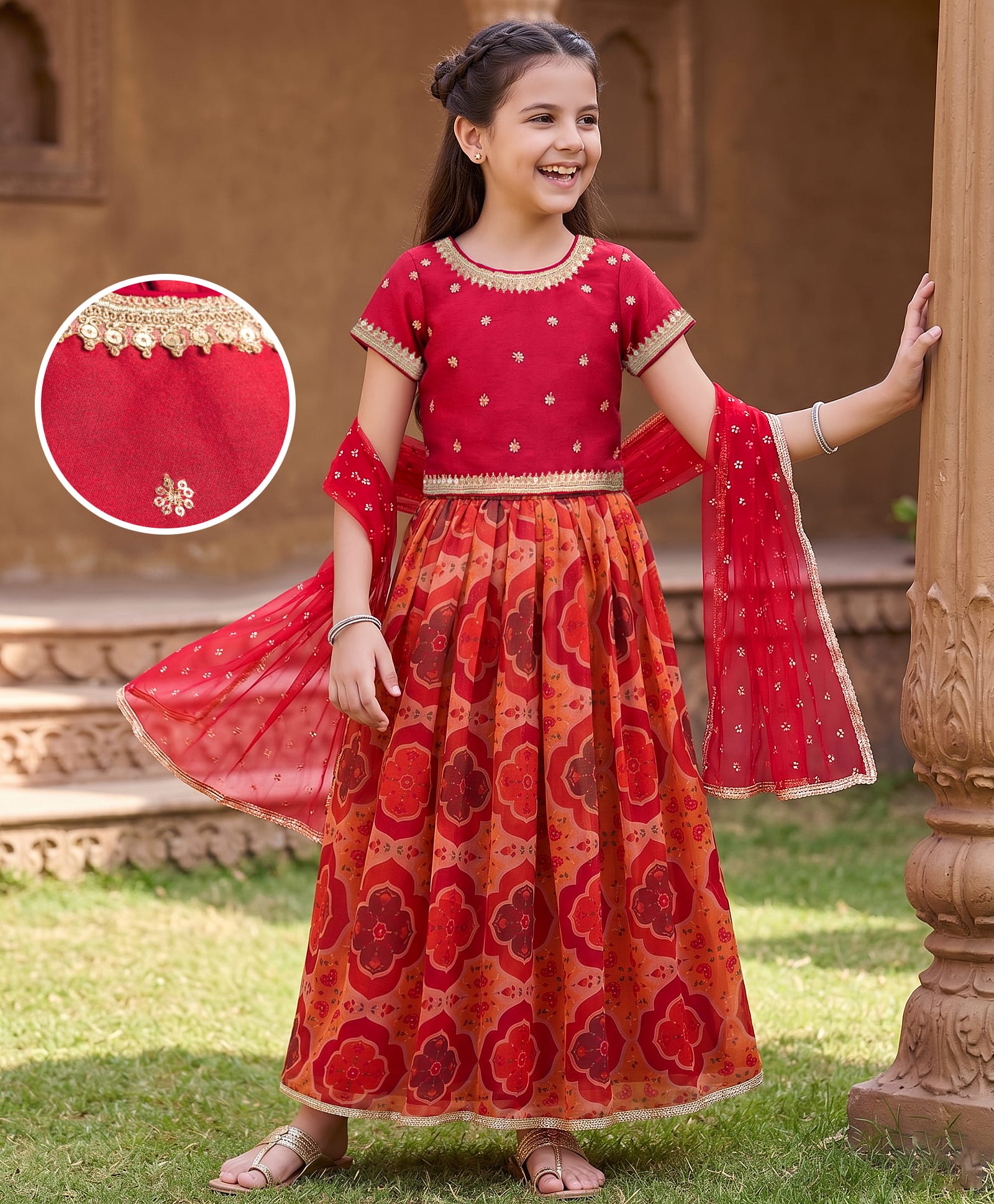 Pine Kids Woven Half Sleeves Floral Embroidered & Printed Lehenga & Choli Set With Dupatta - Rust Orange-picture-41