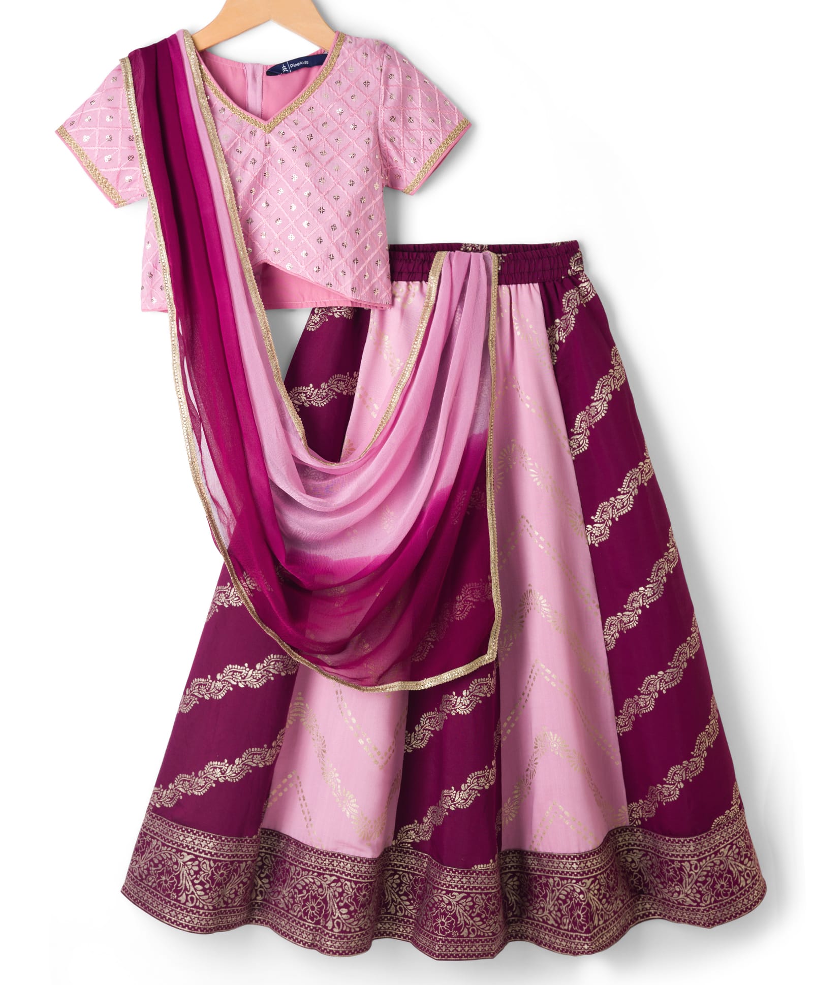 Pine Kids Woven Half Sleeves Choli Lagenga Dupattta Set with Floral Foil Print & Sequinned Embroidery - Pink-picture-2