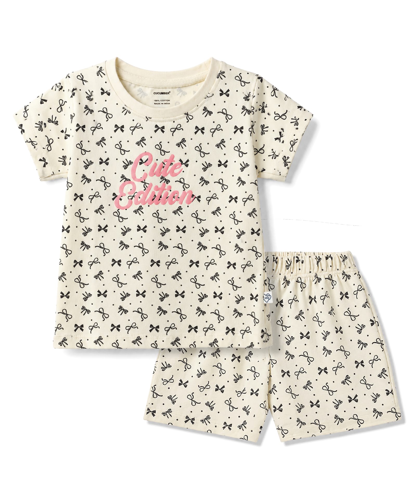 CUCUMBER Sinker Knit Half Sleeves Bow Printed Co-Ords Top & Shorts Set - Cream-picture-16