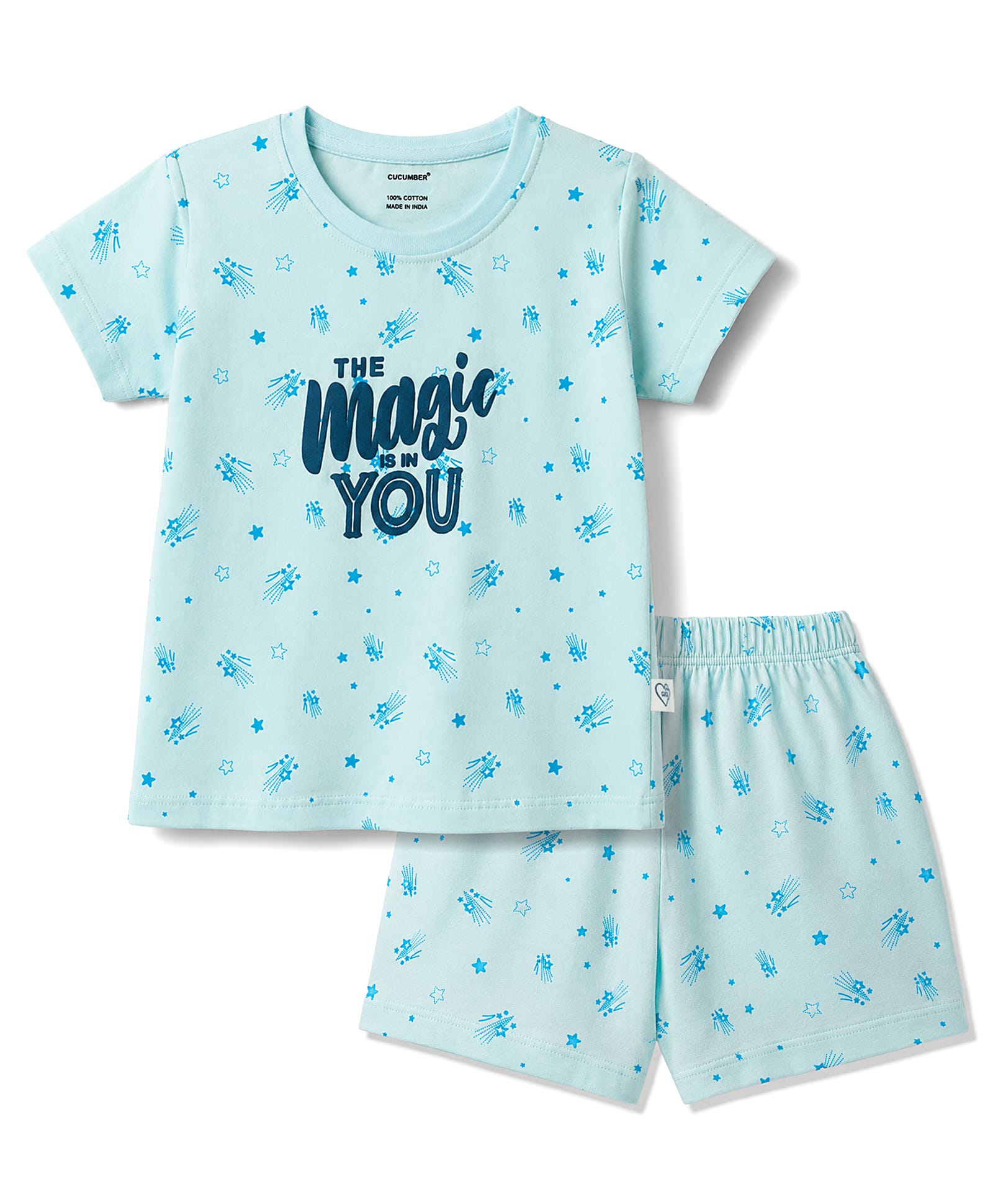 CUCUMBER Sinker Knit Half Sleeves Star & Text Printed Top & Shorts Set - Light Blue-picture-16