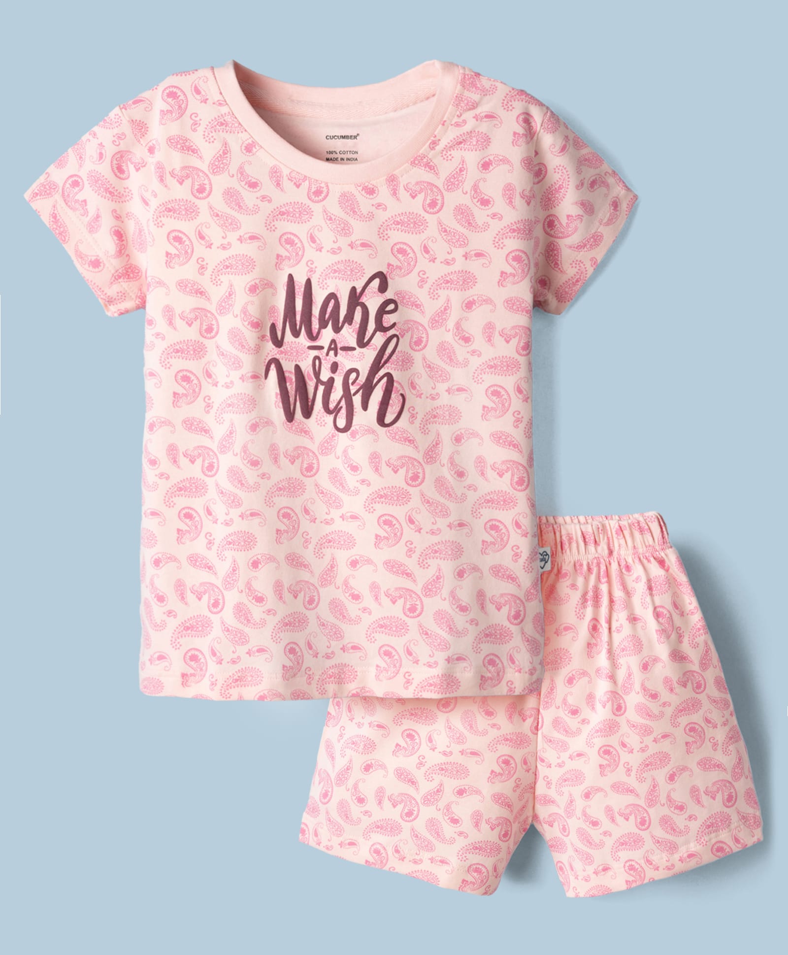CUCUMBER Sinker Knit Half Sleeves Paisley Printed Co-Ords Top & Shorts Set - Baby Pink-image-24
