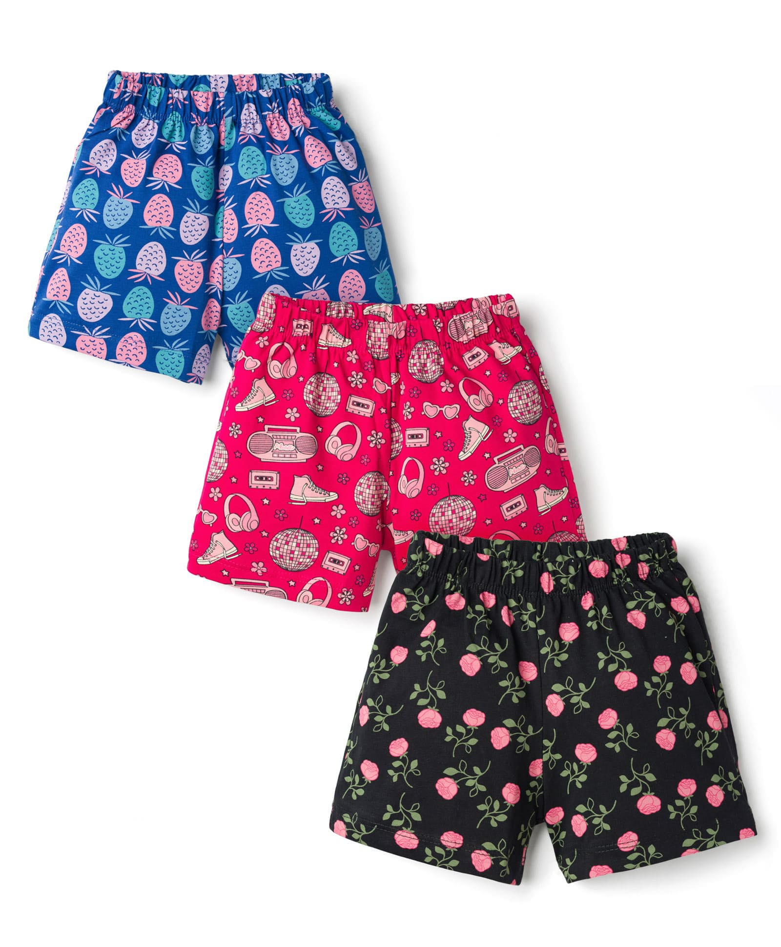 CUCUMBER Sinker Knit Above Knee Length Tropical Theme Floral Printed Shorts Pack Of 3 - Red Black & Royal Blue-image-29