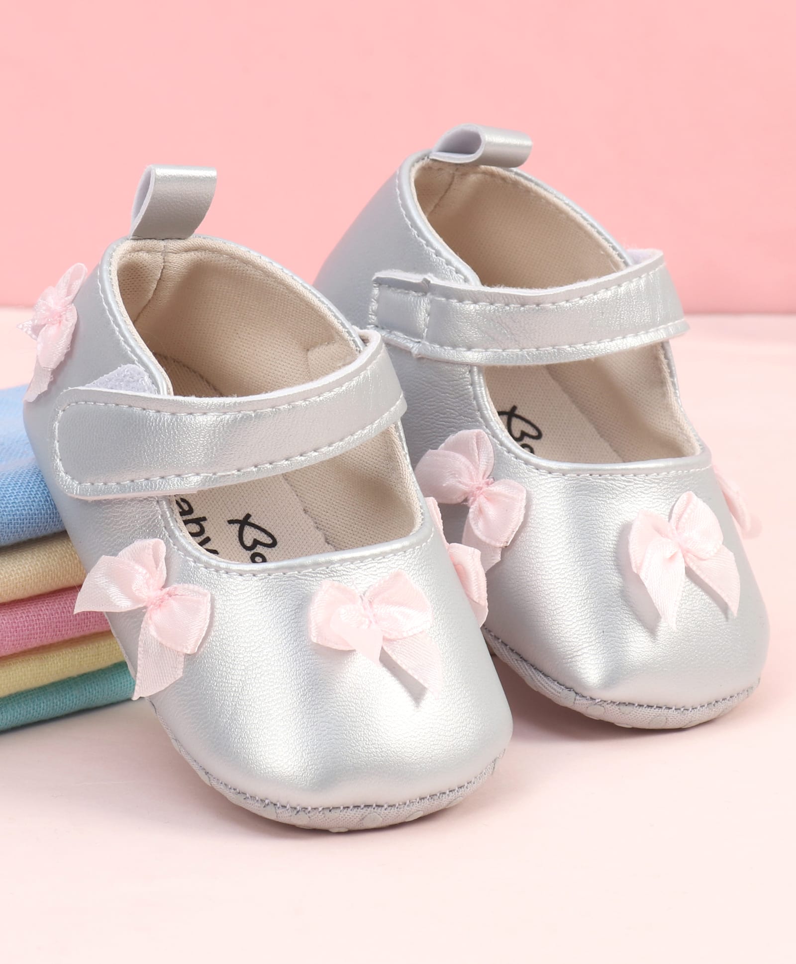 Babyoye Velcro Closure Booties With Bow Applique - Silver-image-25