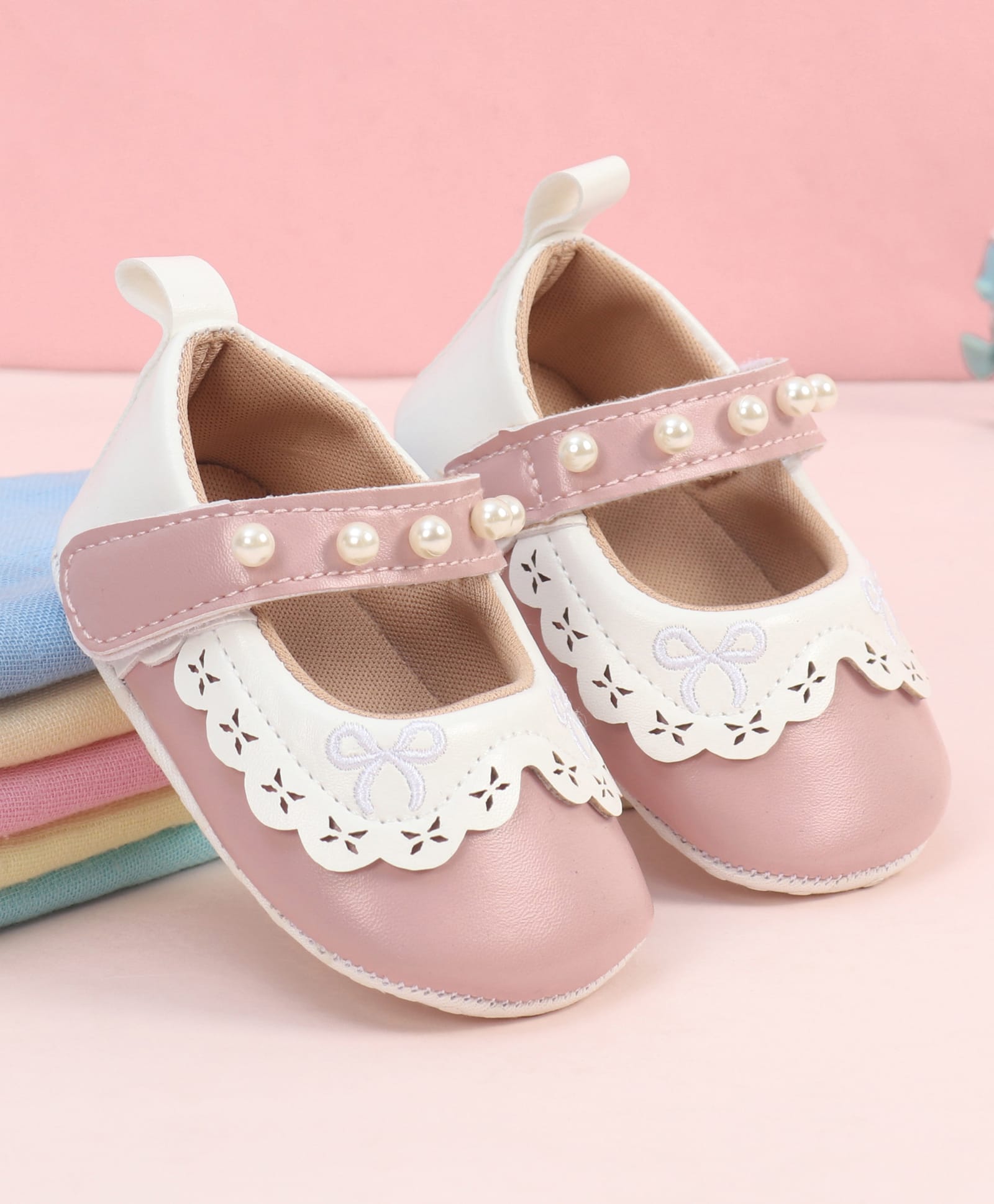 Babyoye Velcro Closure Booties With Lace Detailing & Pearl Embellishment - Pink-picture-14