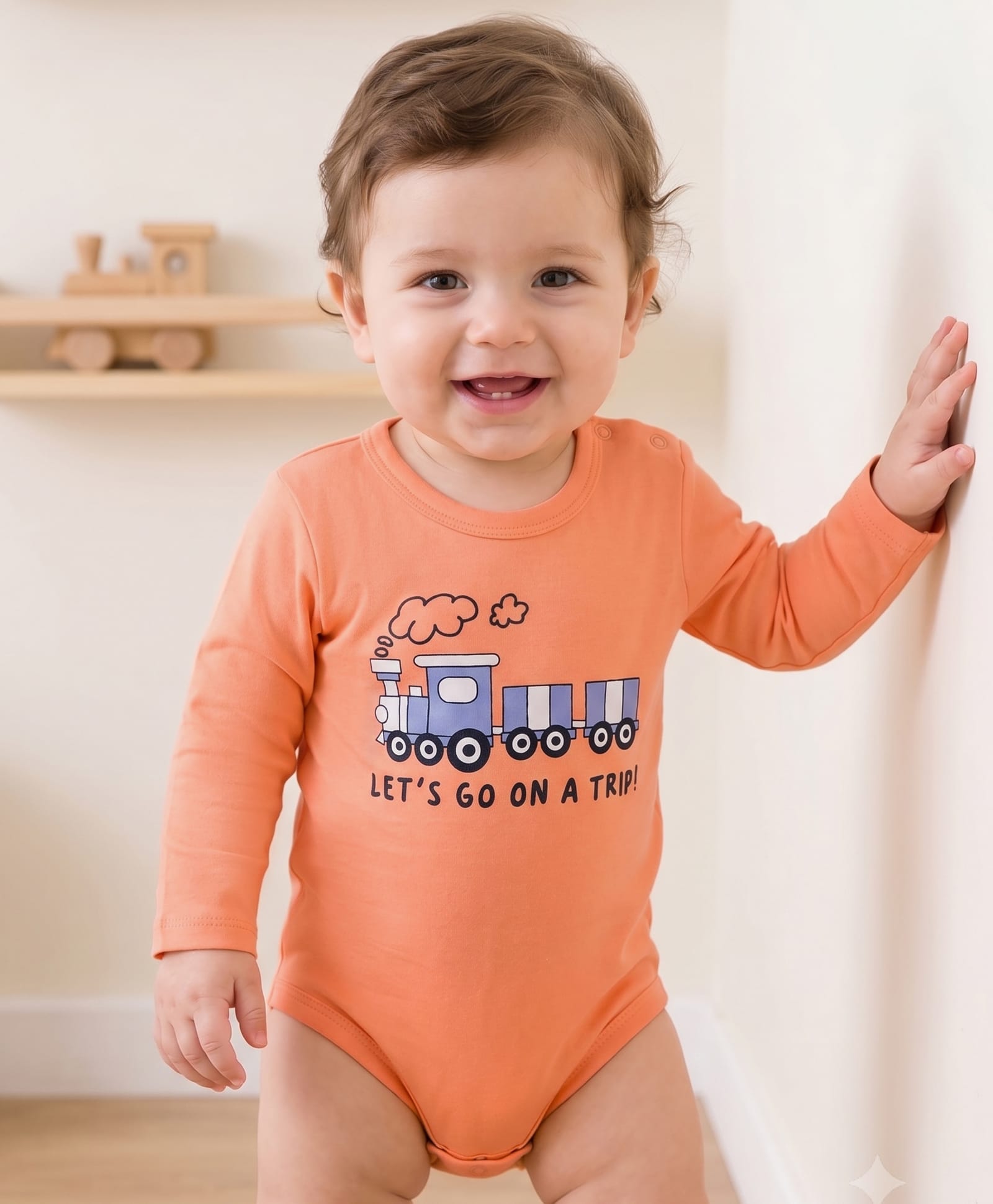 Doodle Poodle 100% Cotton Knit Full Sleeves Train Printed Onesie - Light Peach-picture-18