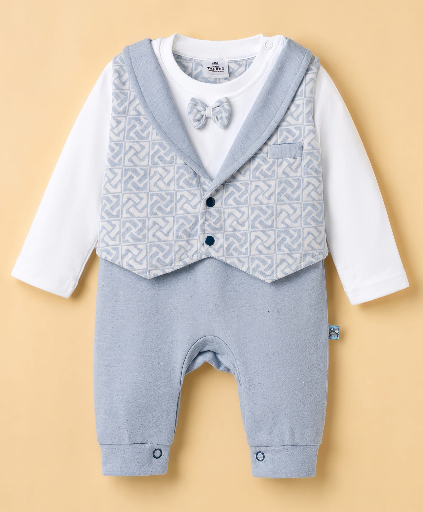 Mini Taurus 100% Cotton Knit Full Sleeves Printed Romper with Bow Applique - Light Blue-picture-25