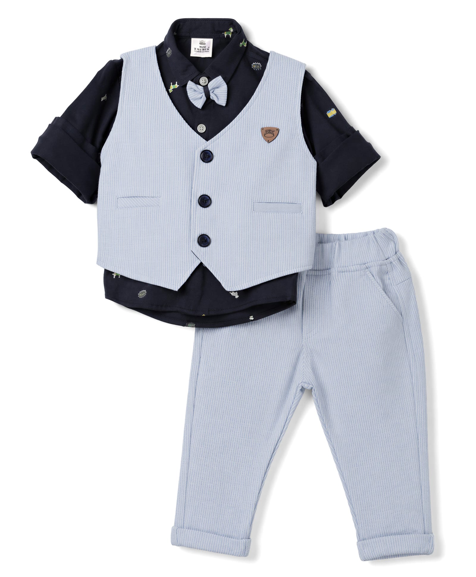 Mini Taurus Interlock Knit Full Sleeves 3 Piece Party Suit With Animal Print & Bow Applique - Sky Blue-picture-7