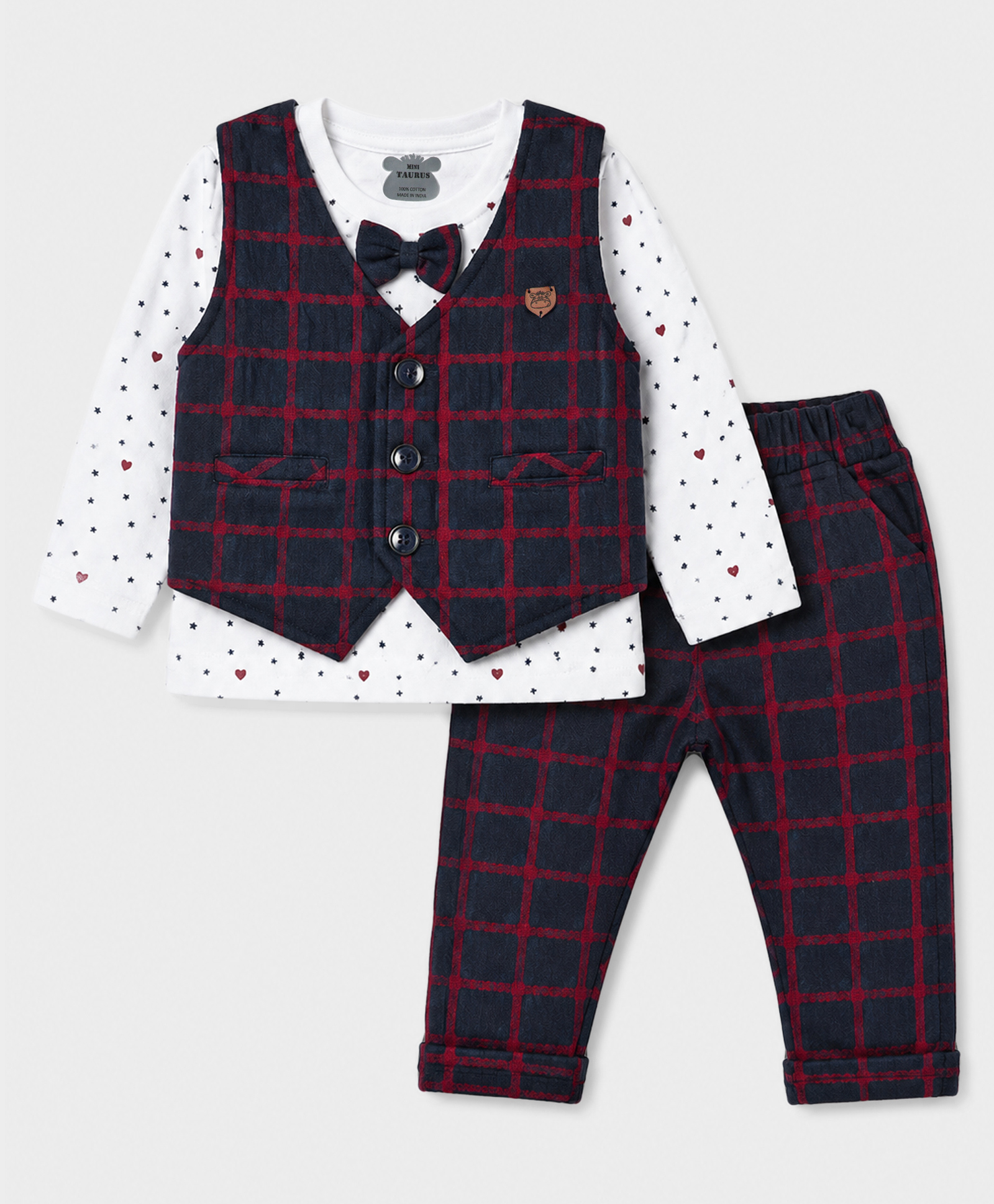 Mini Taurus Interlock Knit Full Sleeves Star Printed Party T-Shirt & Pant With Checks Jacket - Multicolor-picture-31