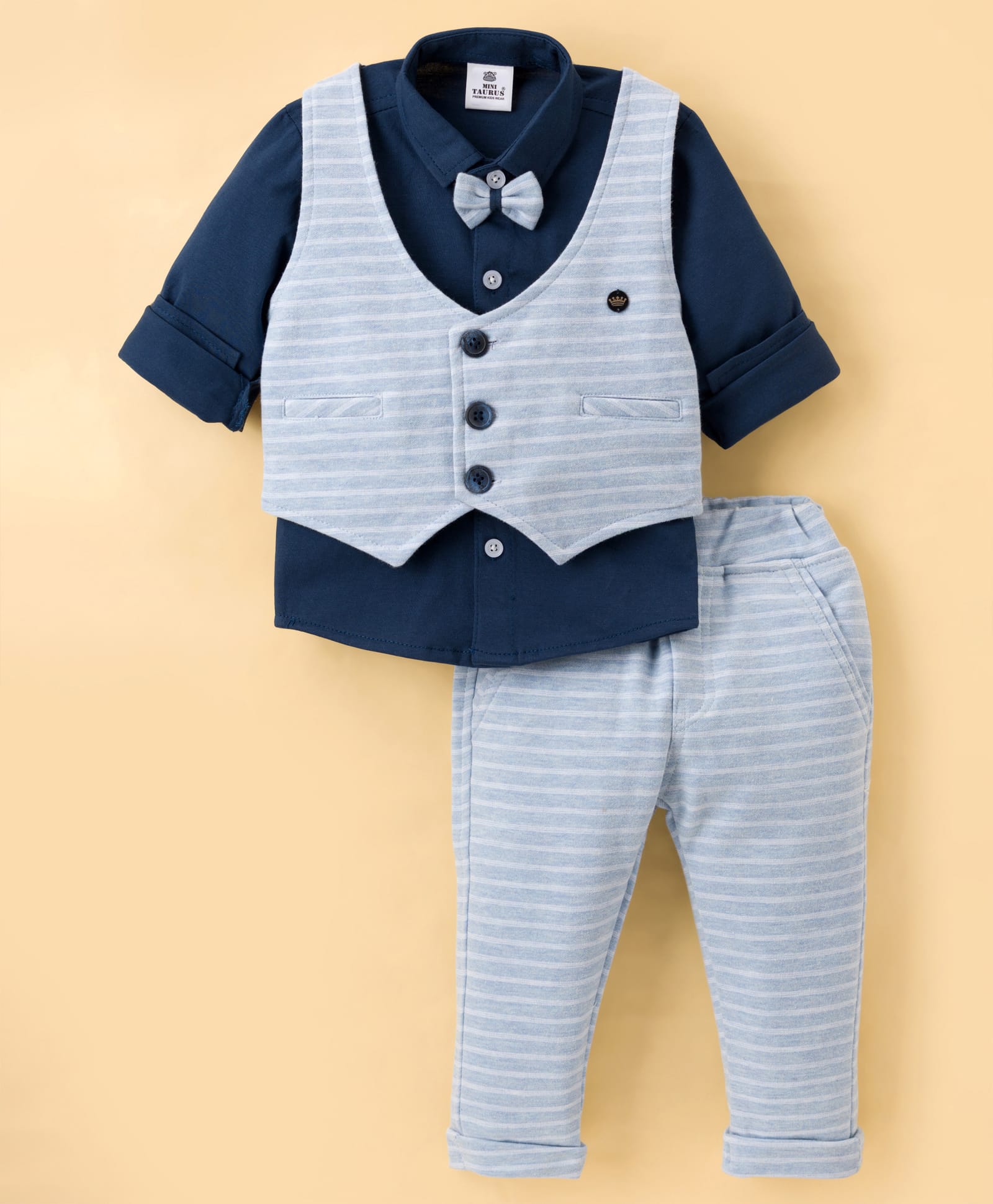 Mini Taurus Interlock Knit Full Sleeves 3 Piece Striped Party Suit With Bow Applique - Sky Blue-picture-24