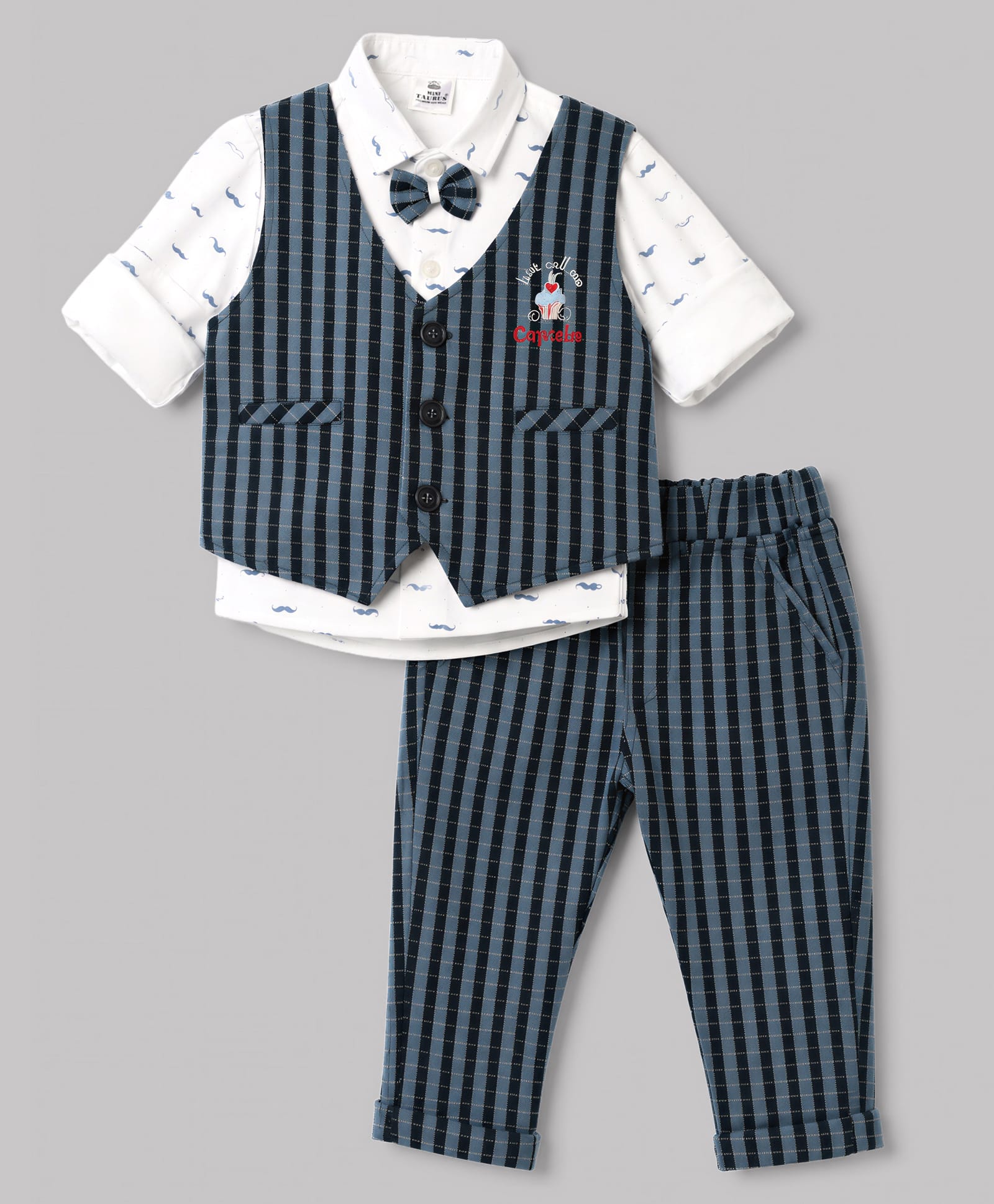 Mini Taurus Interlock Knit Full Sleeves 3 Piece Striped Party Suit With Bow Applique & Cupcake Embroidery - Blue-picture-21