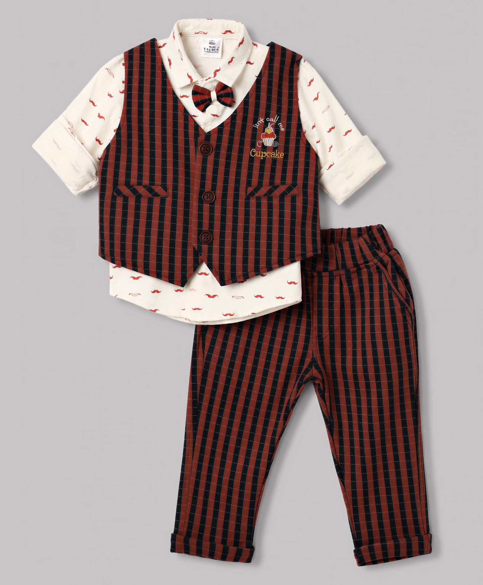 Mini Taurus Interlock Knit Full Sleeves 3 Piece Striped Party Suit With Bow Applique & Cupcake Embroidery - Rust Orange-picture-0