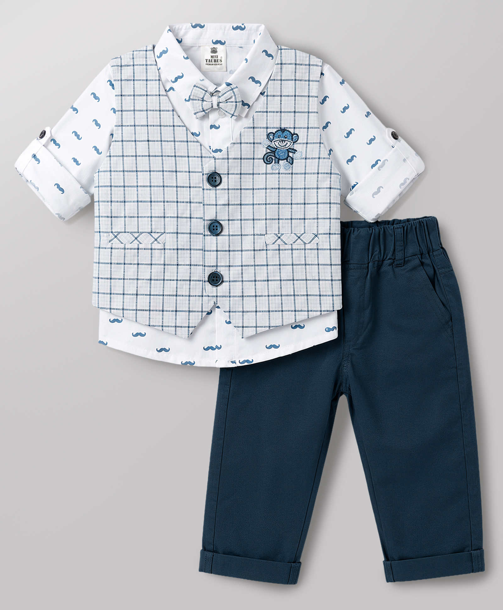 Mini Taurus Interlock Knit Full Sleeves 3 Piece Checks Party Suit With Bow Applique & Monkey Embroidery - Blue-picture-19