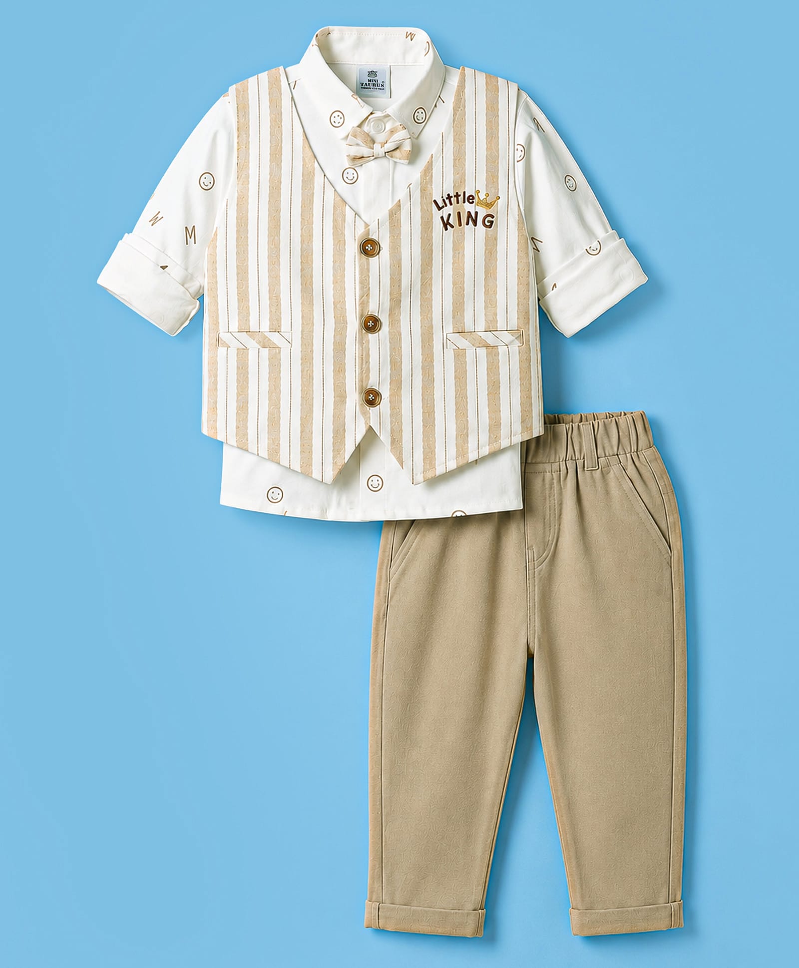 Mini Taurus Interlock Knit Full Sleeves 3 Piece Striped Party Suit With Bow Applique & Text Embroidery - Beige-picture-12