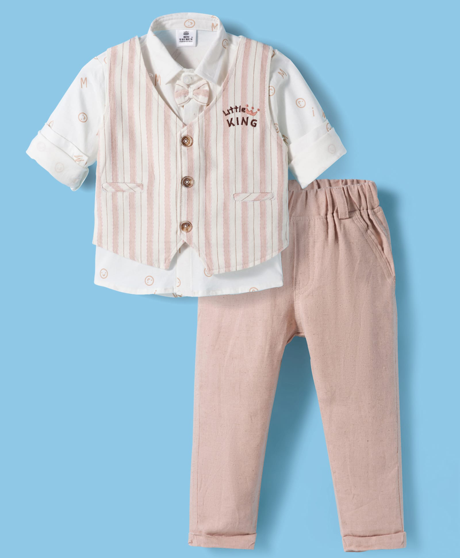 Mini Taurus Interlock Knit Full Sleeves 3 Piece Striped Party Suit With Bow Applique & Text Embroidery - Light Peach-image-45