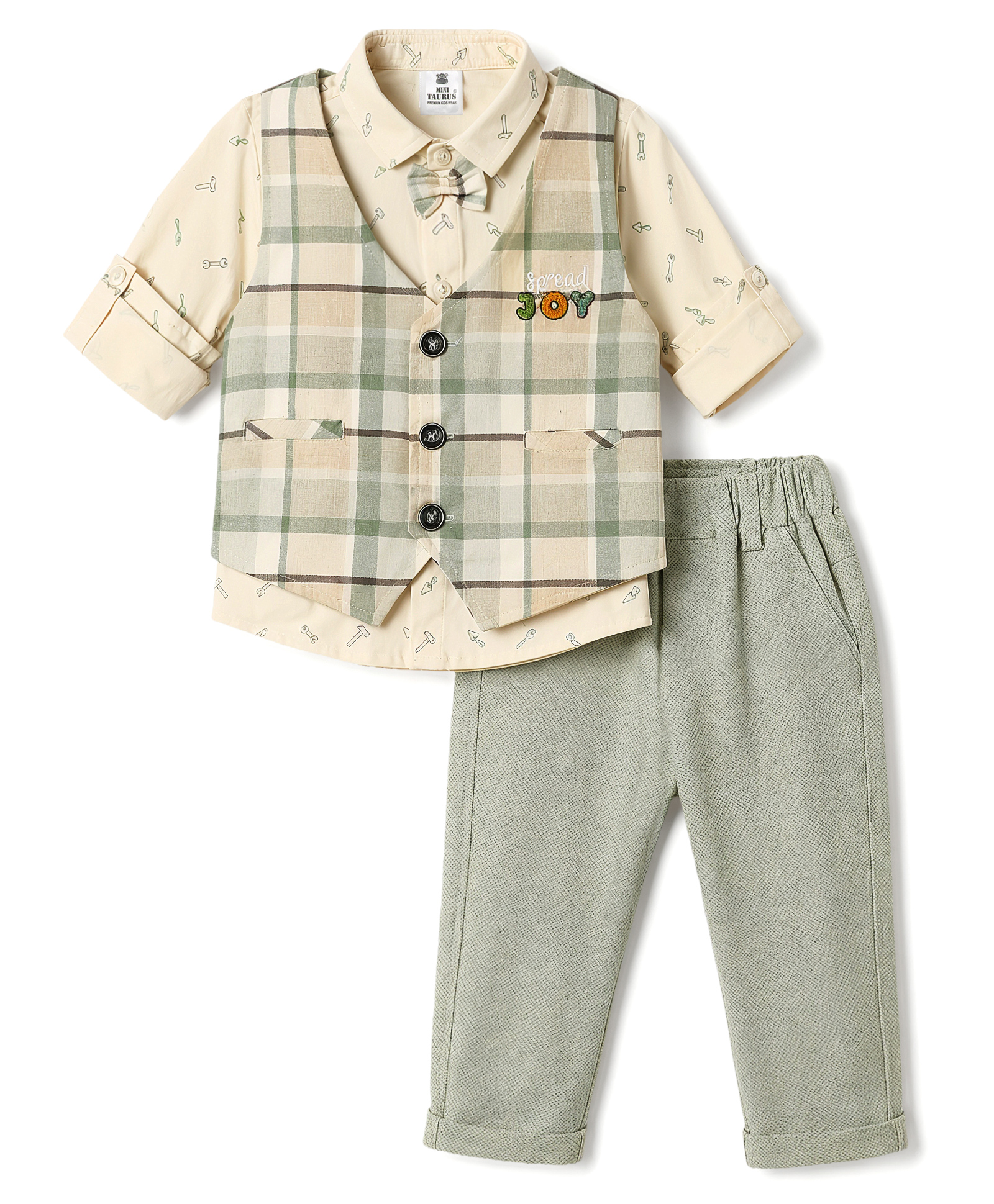 Mini Taurus Interlock Knit Full Sleeves Printed 3 Piece Checks Party Suit With Bow Applique - Green-picture-39