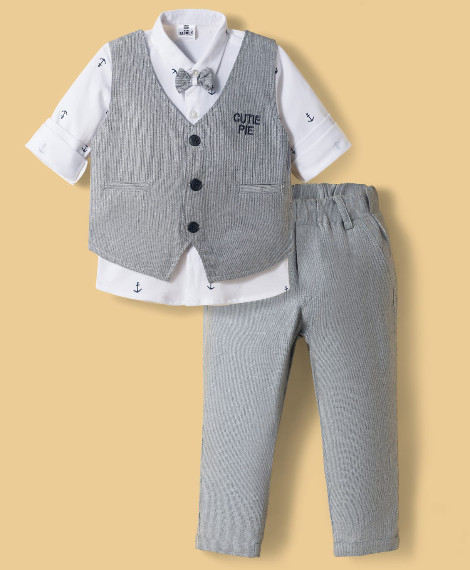 Mini Taurus Interlock Knit Full Sleeves 3 Piece Party Suit With Nautical Theme & Bow Applique - Grey-picture-35