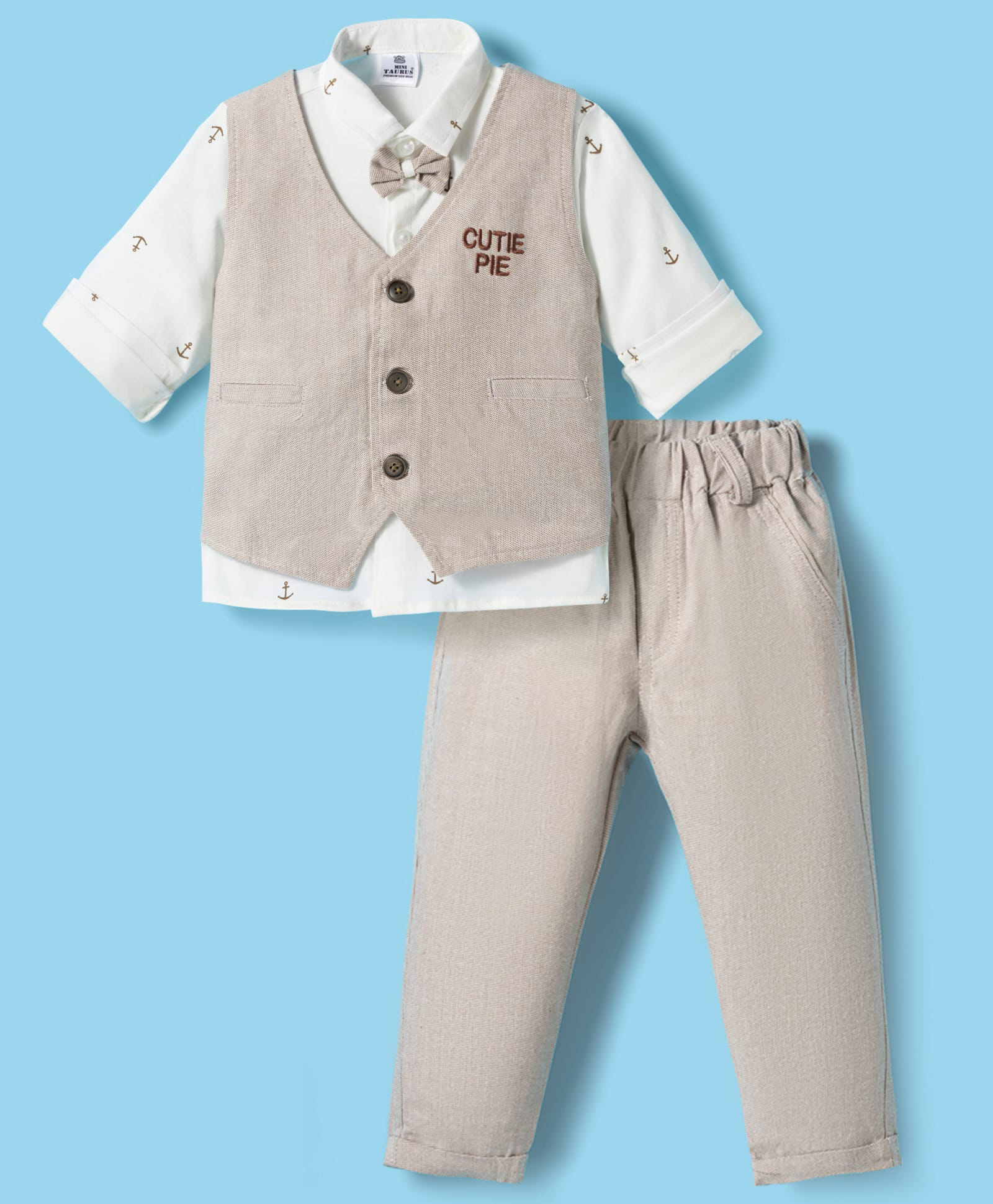Mini Taurus Interlock Knit Full Sleeves 3 Piece Party Suit With Nautical Theme & Bow Applique - Beige-picture-25