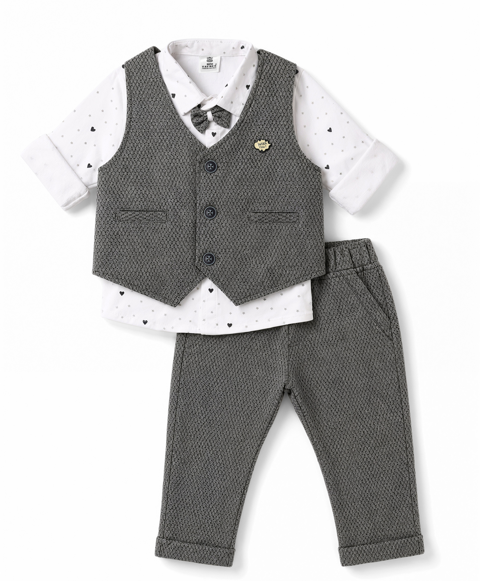 Mini Taurus 100% Cotton Knit Full Sleeves Hearts Printed & Textured 3 Piece Party Suit With Bow Applique - Charcoal Grey-picture-37