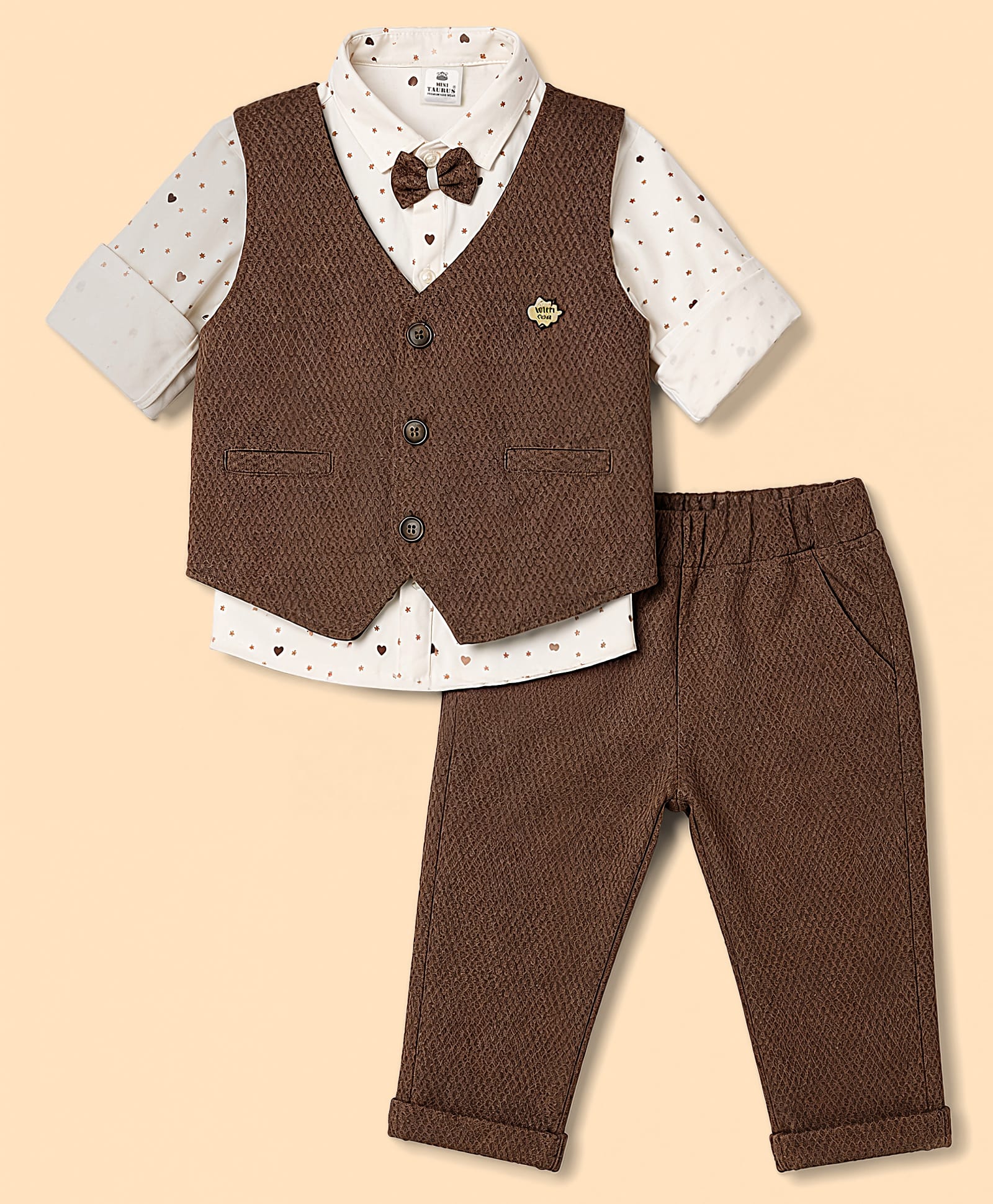 Mini Taurus 100% Cotton Knit Full Sleeves Hearts Printed & Textured 3 Piece Party Suit With Bow Applique - Brown-image-48