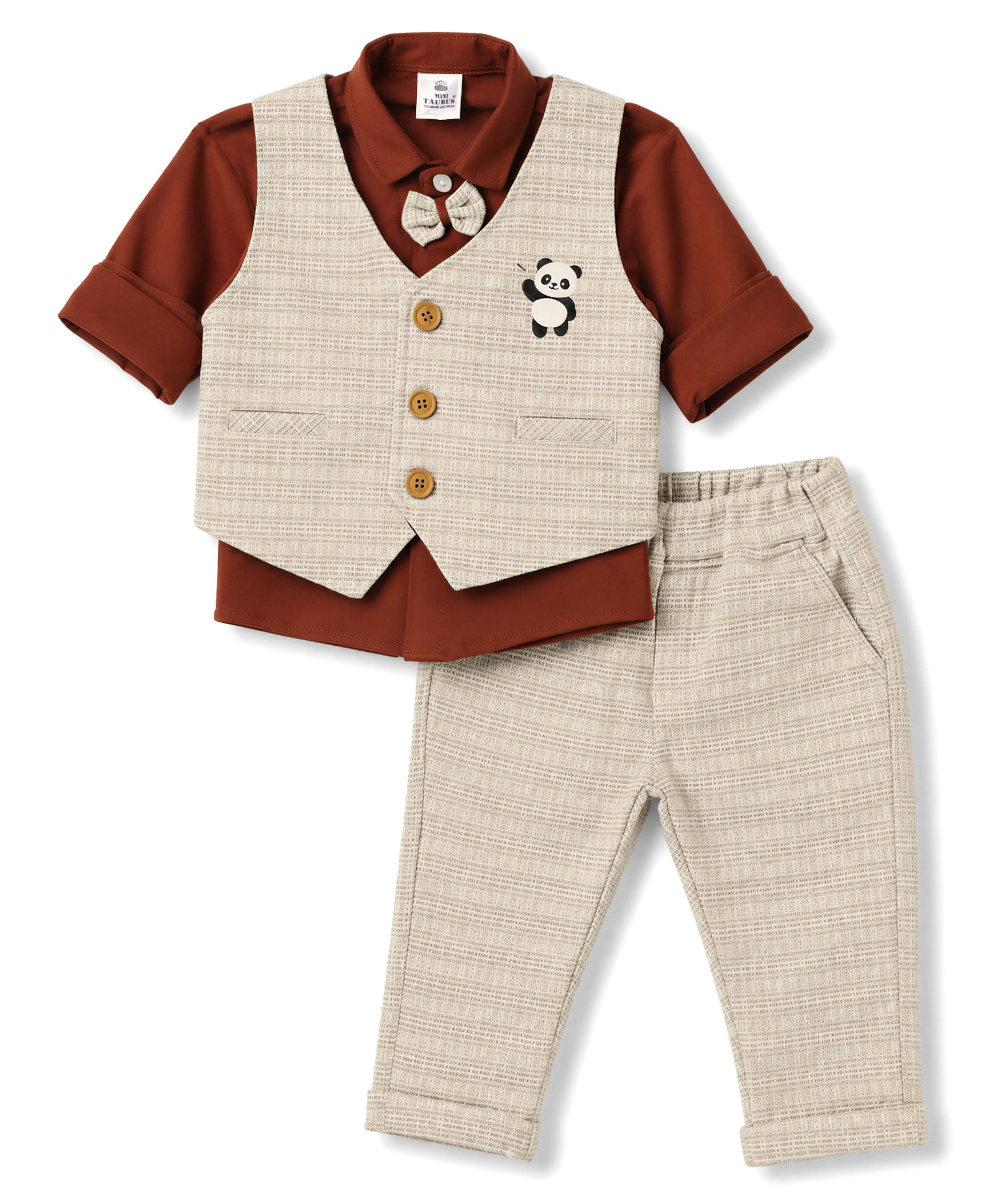Mini Taurus Interlock Knit Full Sleeves 3 Piece Party Suit With Panda Print & Bow Applique - Beige & Rust Orange-picture-21