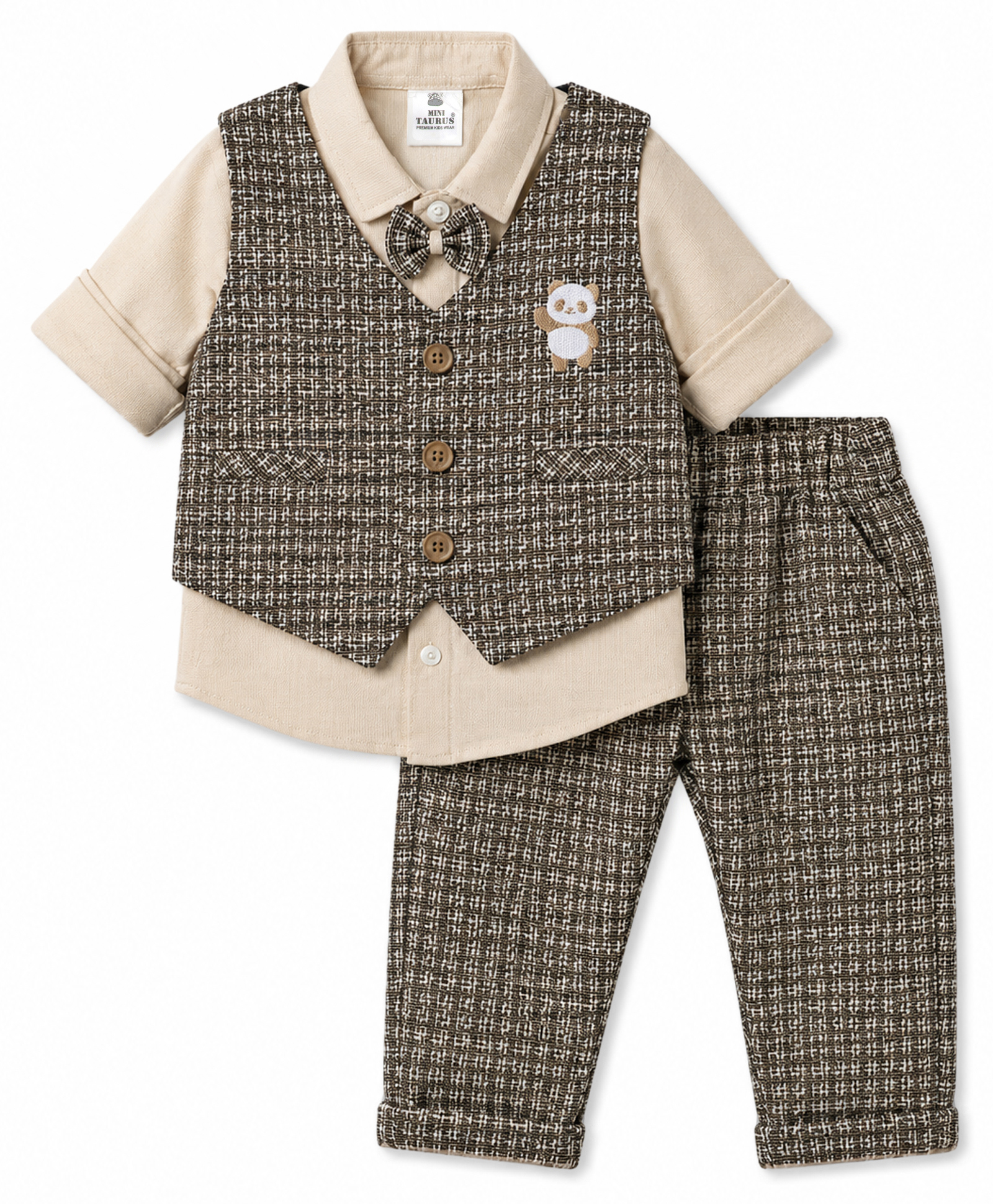 Mini Taurus 100% Cotton Knit Checked & Textured 3 Piece Party Suit With Bear Embroidery - Brown-picture-10