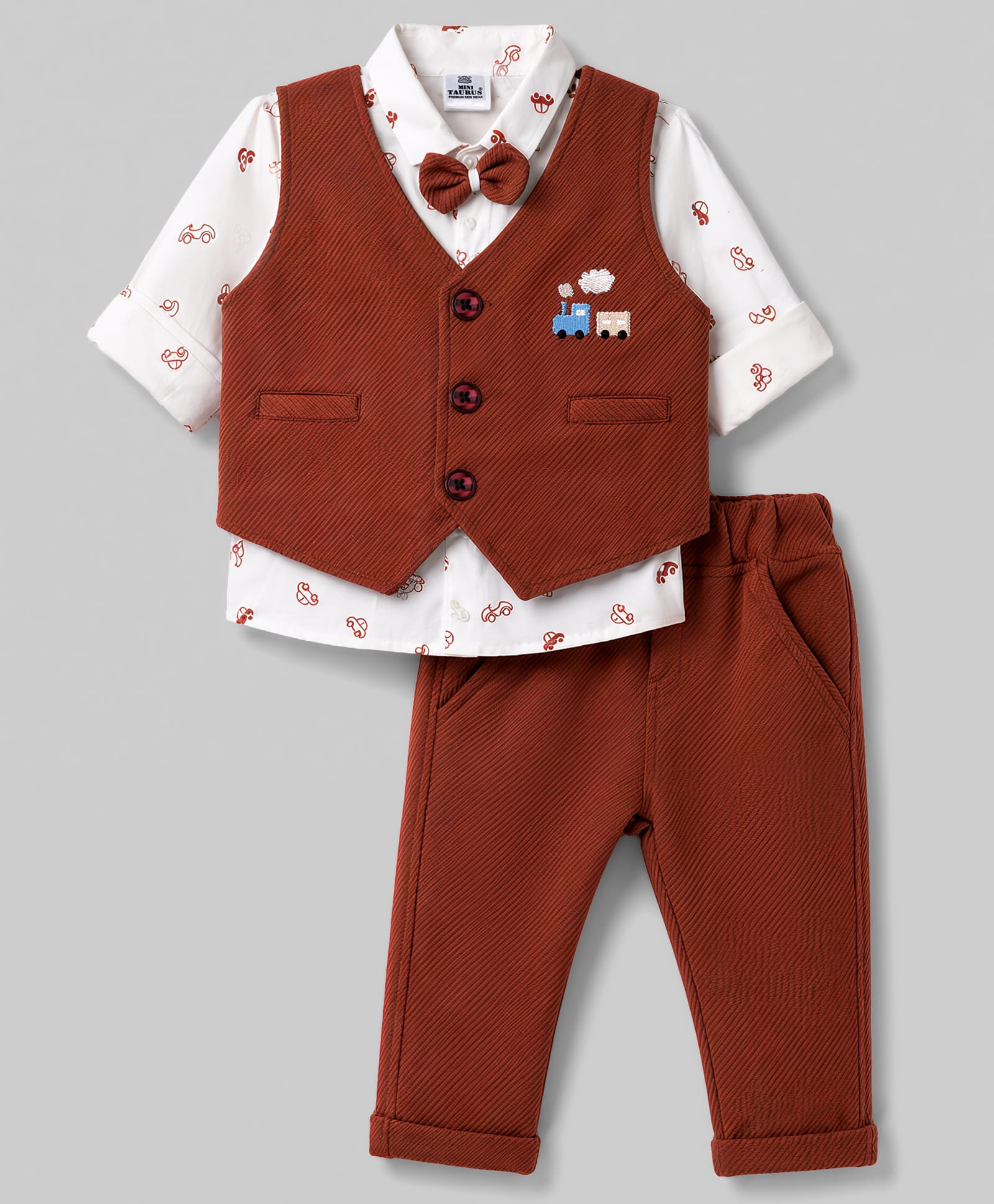 Mini Taurus 100% Cotton Knit Full Sleeves Vehicles Printed Embroidered & Textured 3 Piece Party Suit With Bow Applique - Rust Orange-image-26