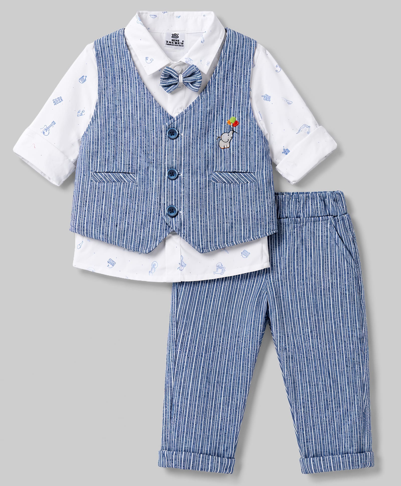 Mini Taurus 100% Cotton Knit Full Sleeves Elephant Printed Striped Embroidered 3 Piece Party Suit With Bow Applique - Blue-picture-16