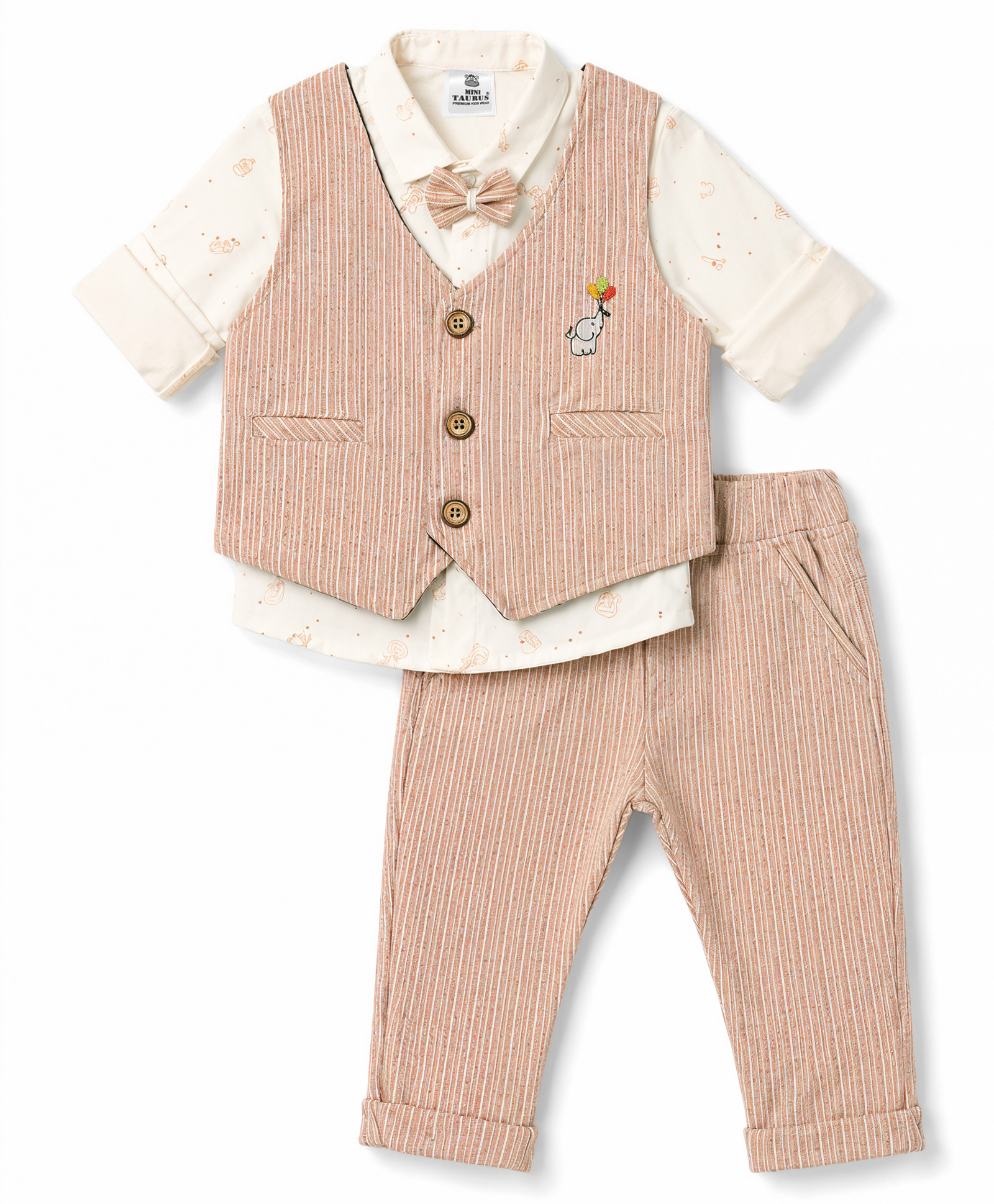 Mini Taurus 100% Cotton Knit Full Sleeves Elephant Printed Striped Embroidered 3 Piece Party Suit With Bow Applique - Peach-picture-24