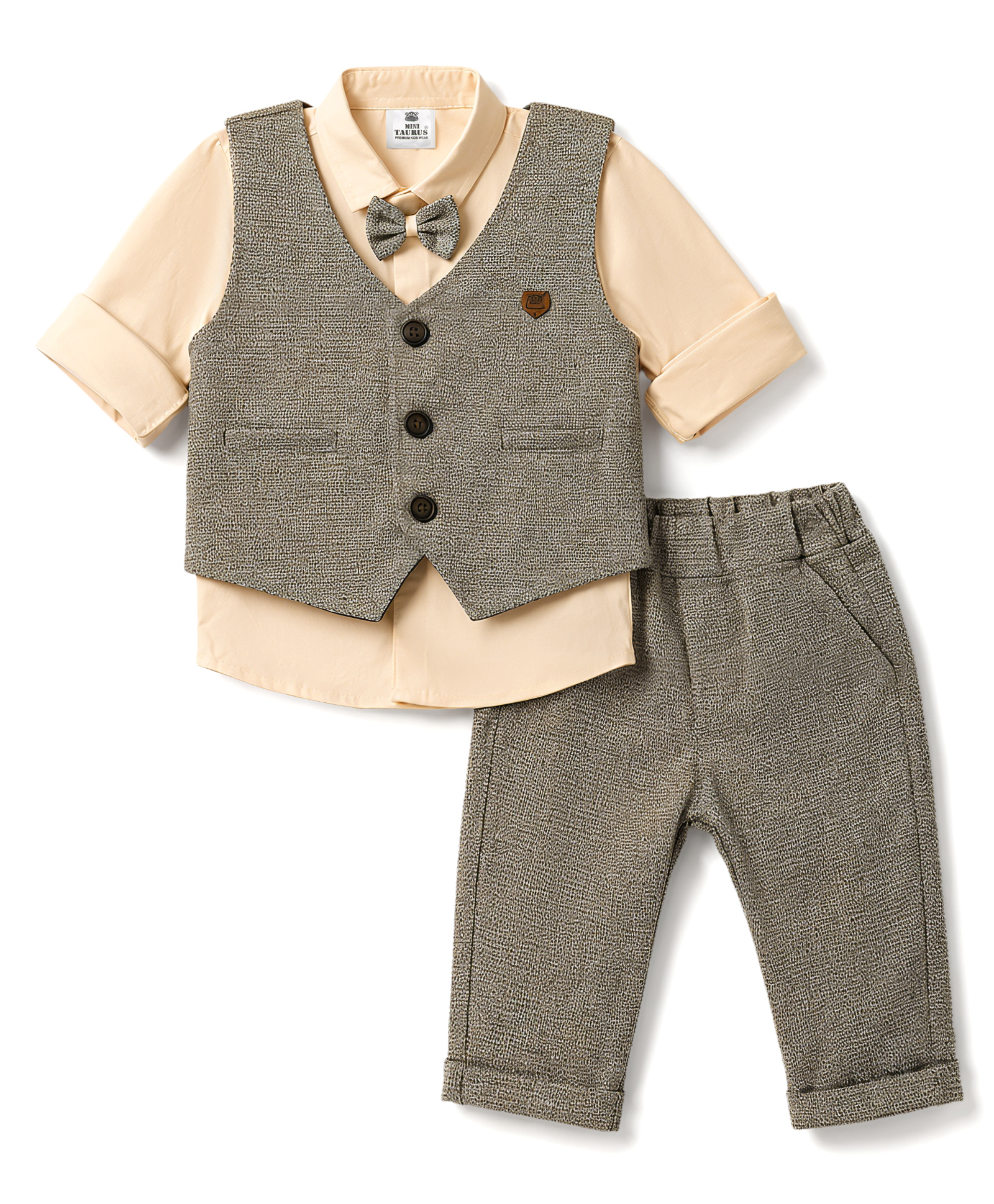 Mini Taurus Interlock Knit Full Sleeves 3 Piece Party Suit With Bow Applique - Peach & Grey-image-45