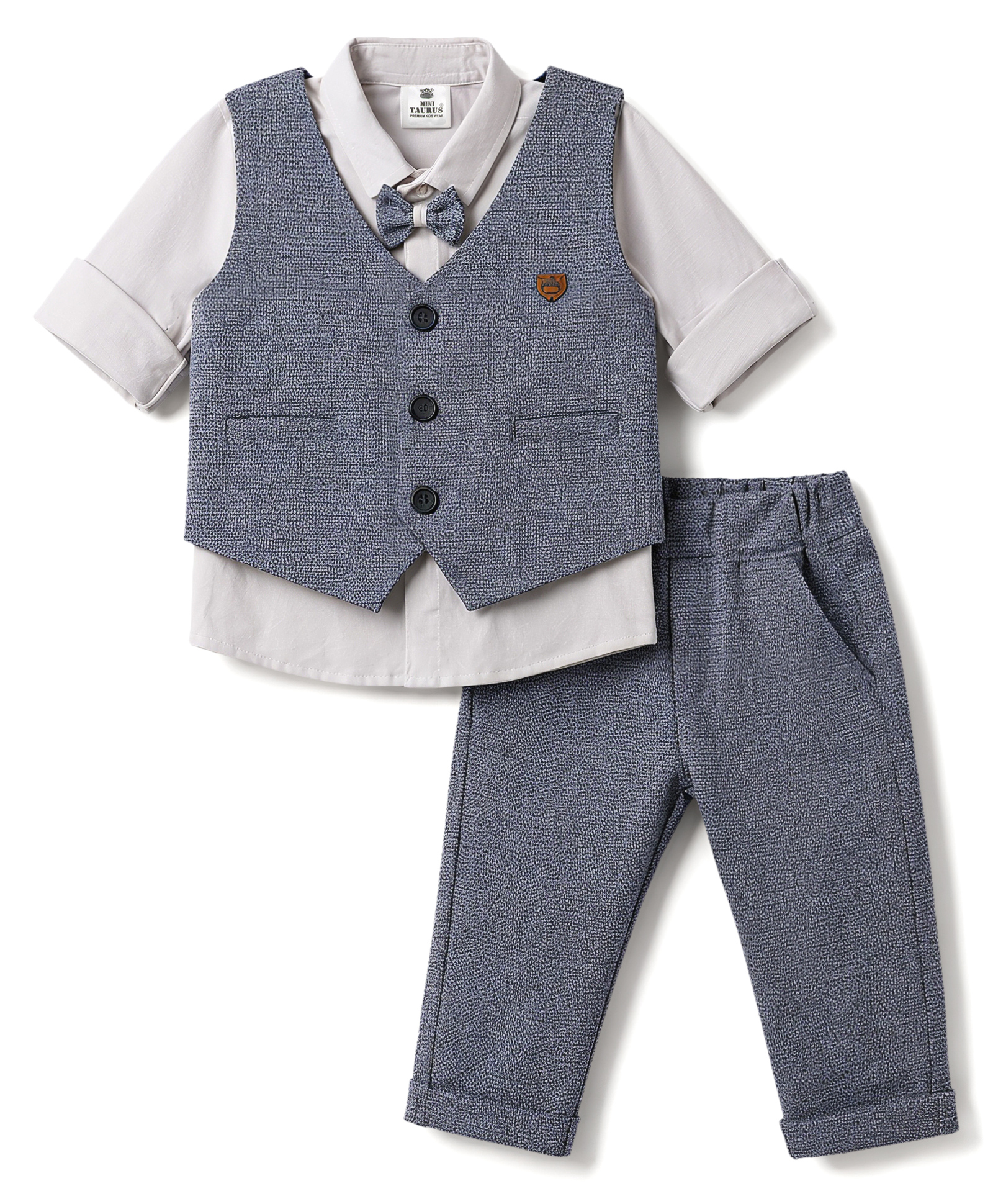 Mini Taurus Interlock Knit Full Sleeves 3 Piece Party Suit With Bow Applique - Blue-picture-13