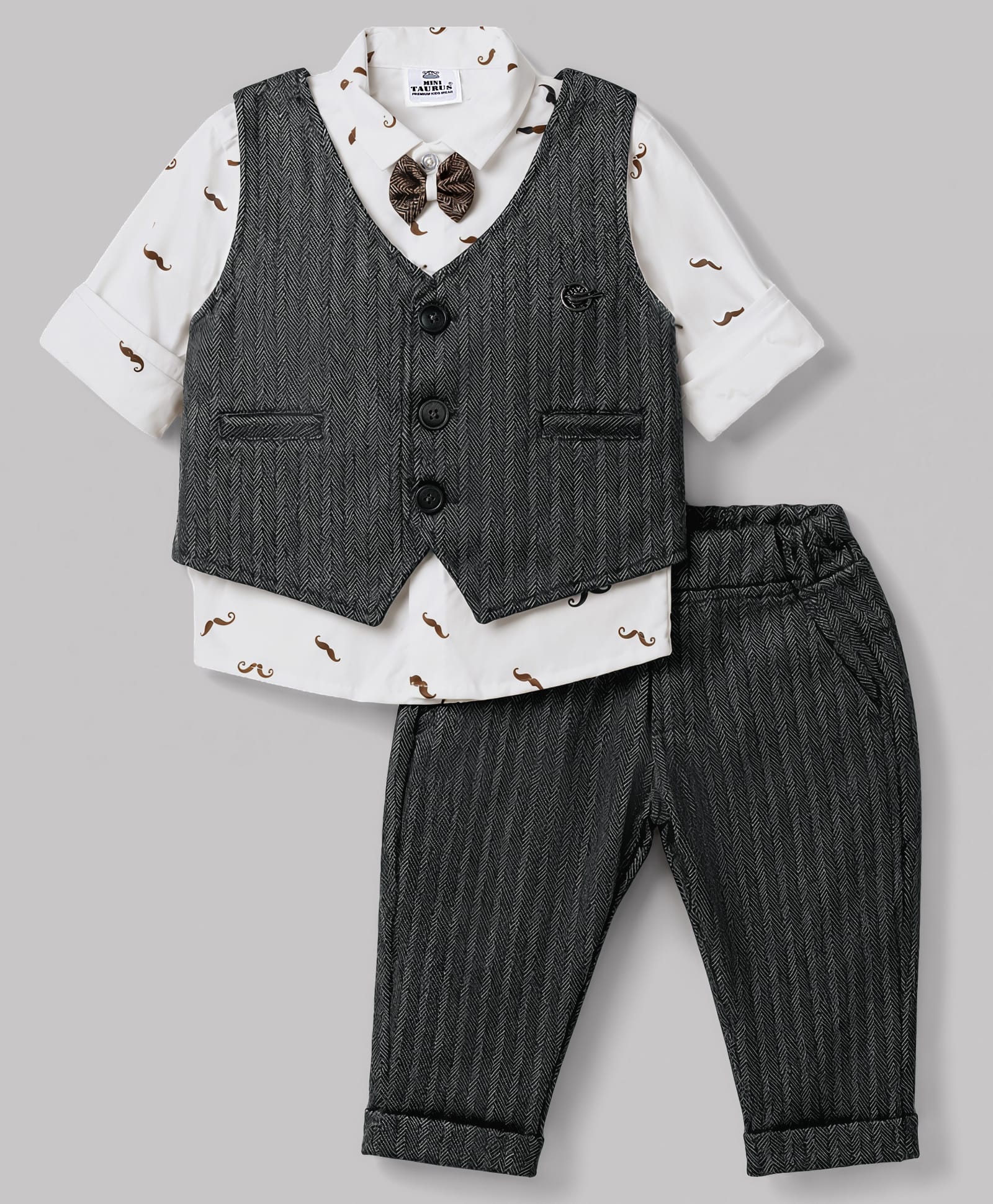 Mini Taurus 100% Cotton Knit Full Sleeves Printed Striped 3 Piece Party Suit With Bow Applique - Black-picture-39