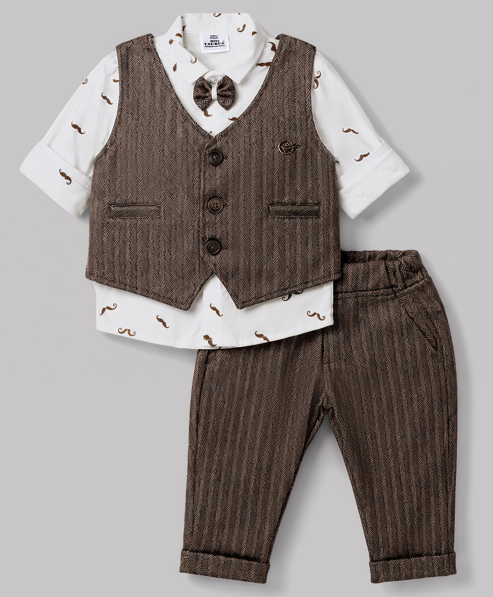 Mini Taurus 100% Cotton Knit Full Sleeves Printed Striped 3 Piece Party Suit With Bow Applique - Brown-picture-29