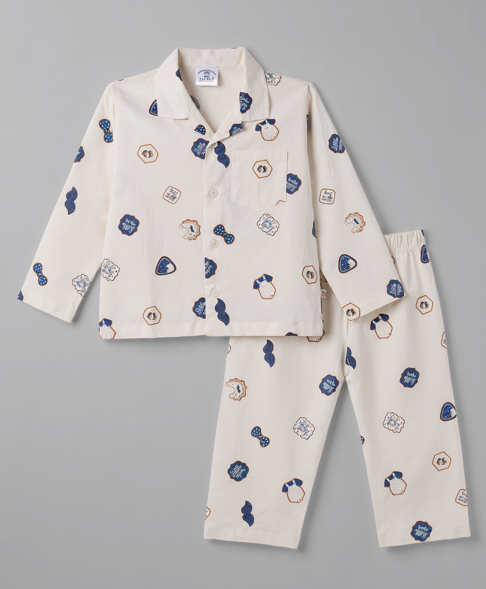 Mini Taurus 100% Cotton Woven Full Sleeves Bow Printed Co-Ords Shirt & Pyjama Night Suit - Blue-image-9