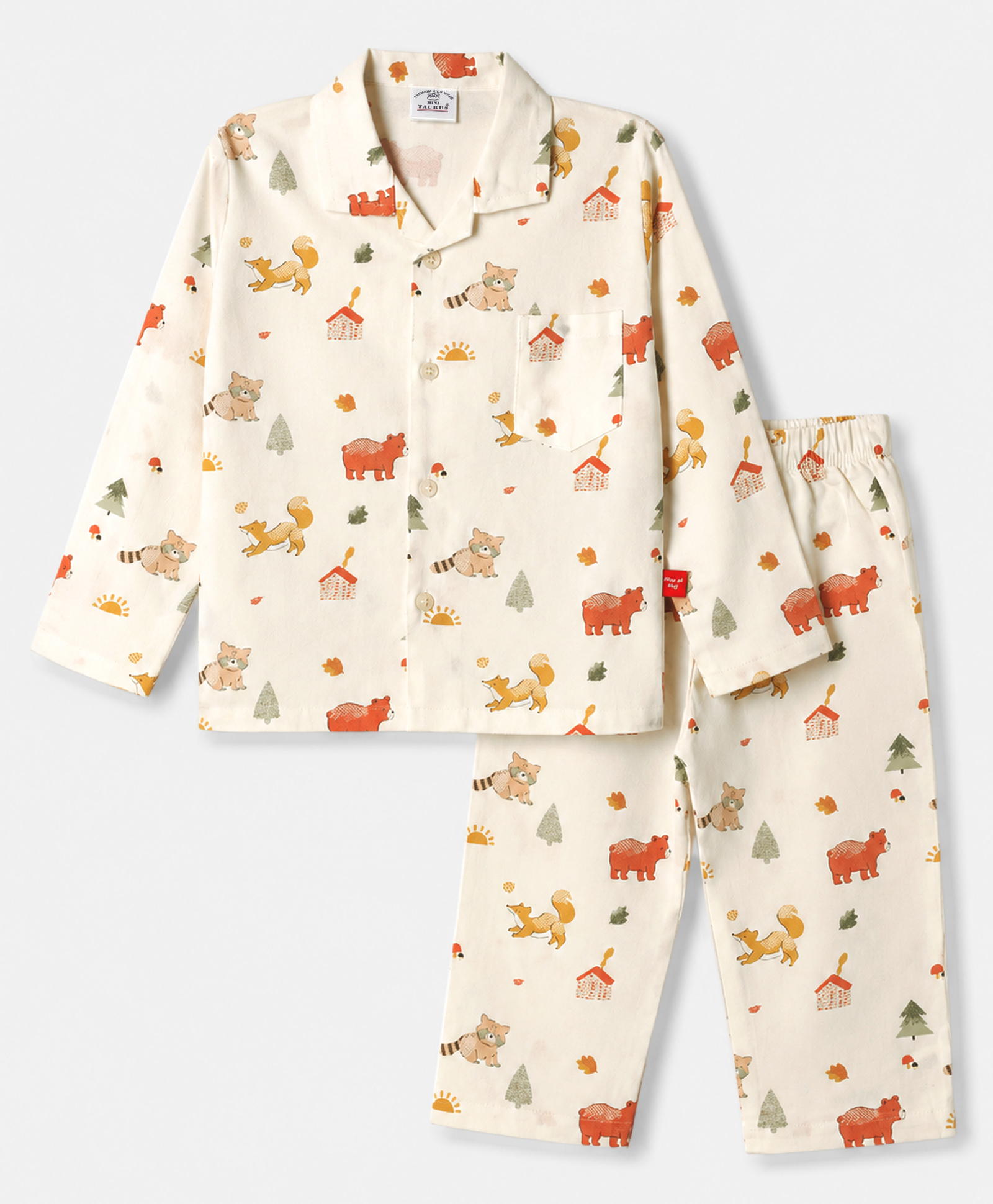 Mini Taurus Interlock Woven Full Sleeves Shirt & Pyjama Co-Ord Night Suit With Animal Print - Mustard-image-30