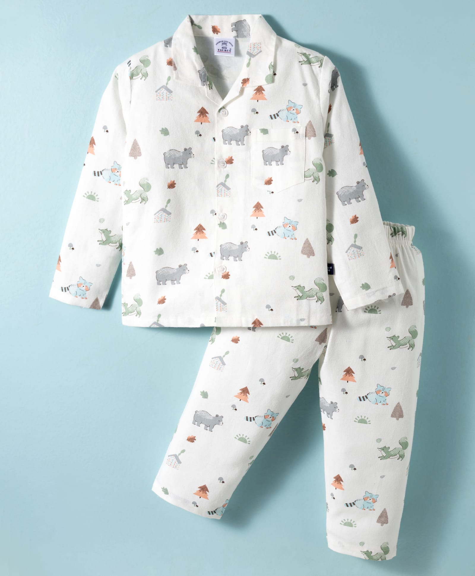 Mini Taurus Interlock Woven Full Sleeves Shirt & Pyjama Co-Ord Night Suit With Animal Print - Green-picture-32
