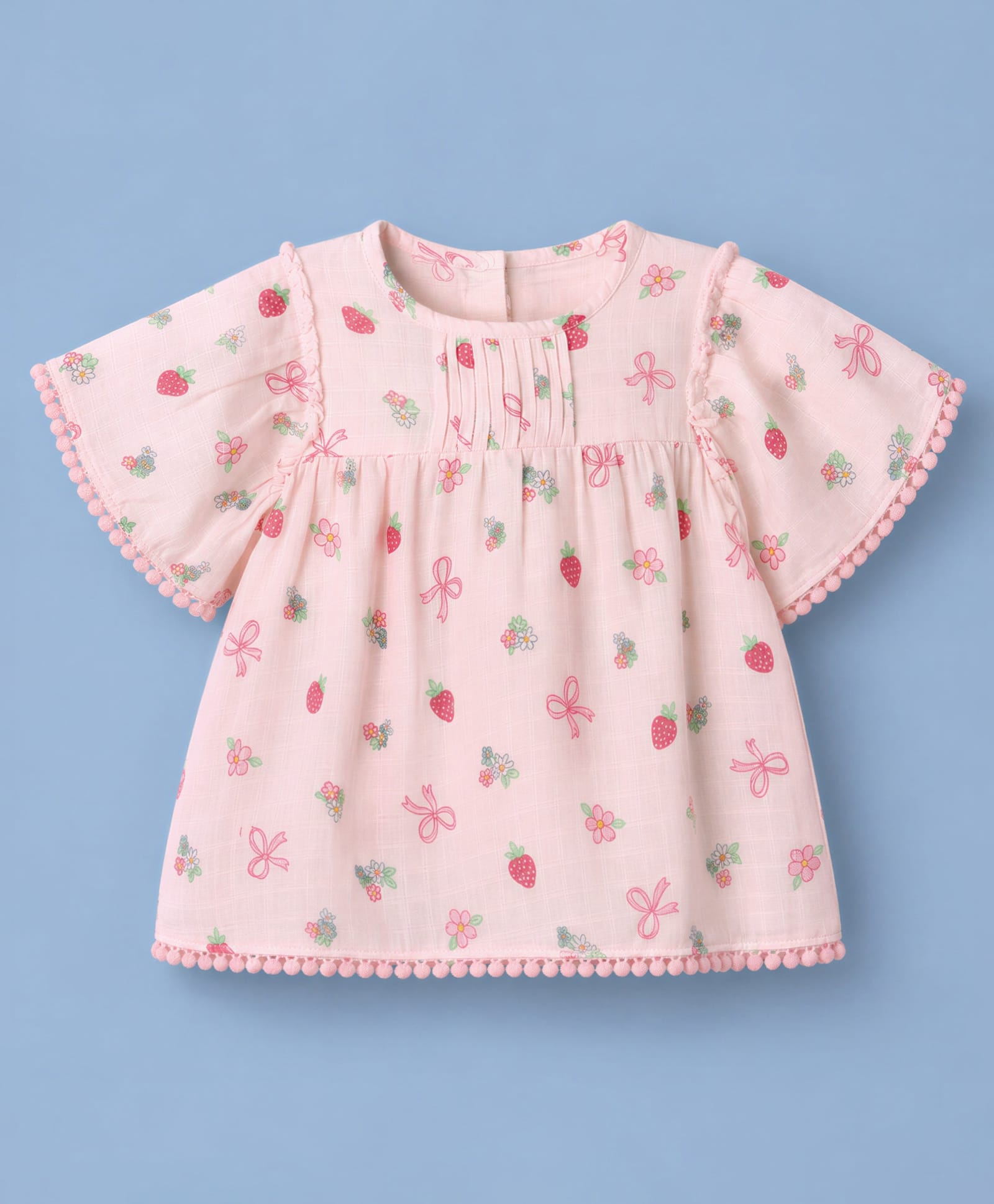 Babyhug Cotton Woven Half Sleeves Double Gauge Top with Strawberry Bow & Floral Print - Pink-image-17