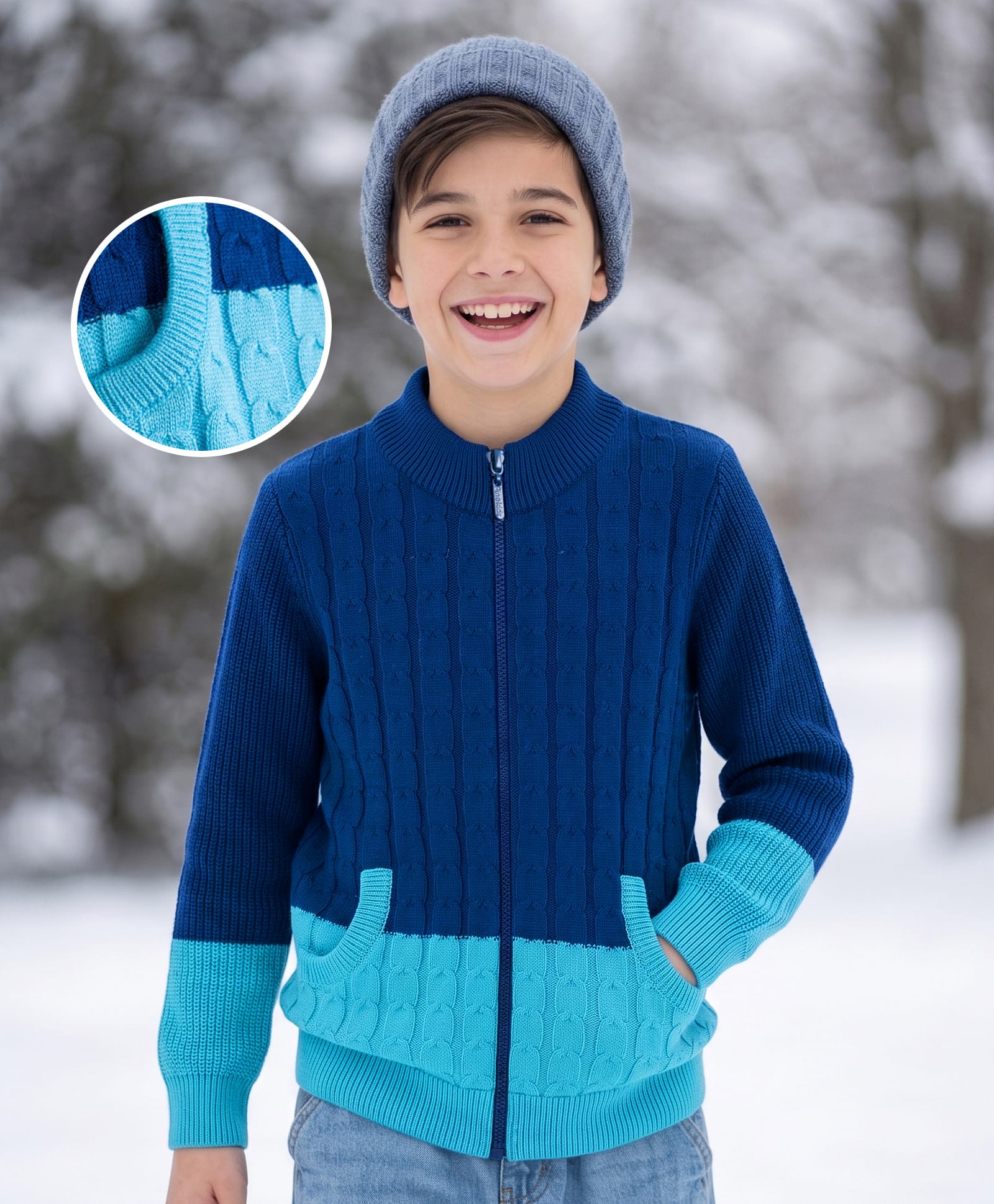 Pine Kids Knit Full Sleeves Colour Block Front Open Sweater with Cable Knit Design - Navy Blue-picture-18