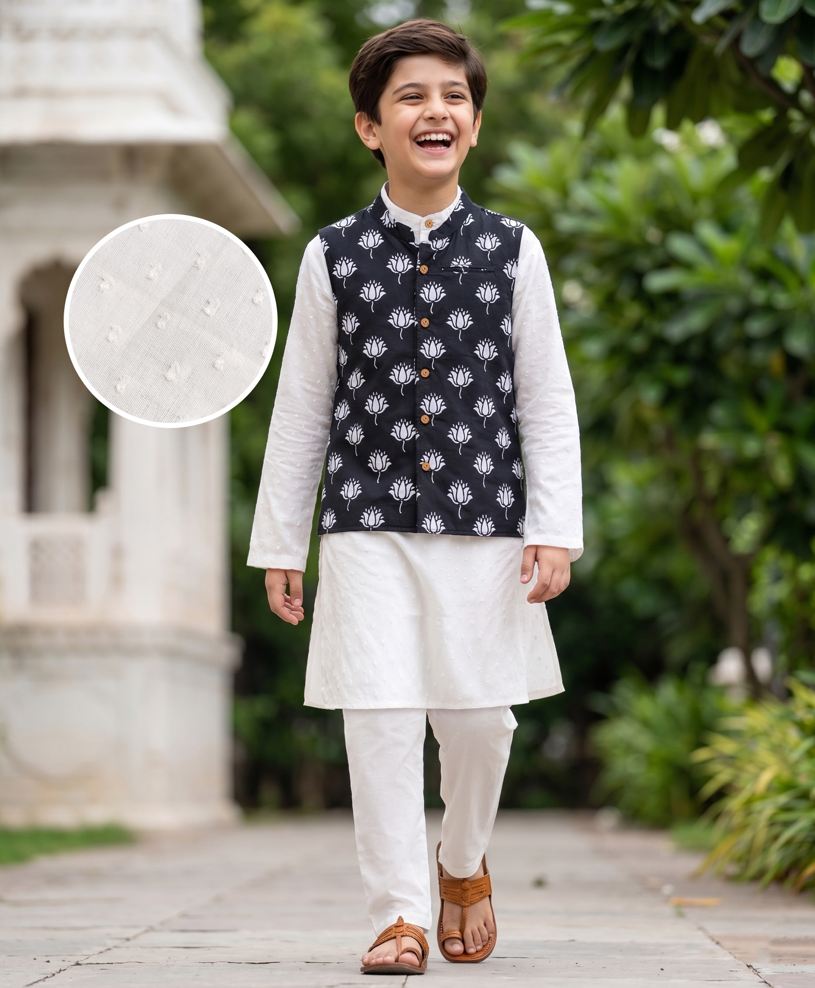 Pine Kids Cotton Woven Full Sleeves Solid Colour Kurta Pyjama Set with Floral Printed Nehru Jacket - White & Black-image-28