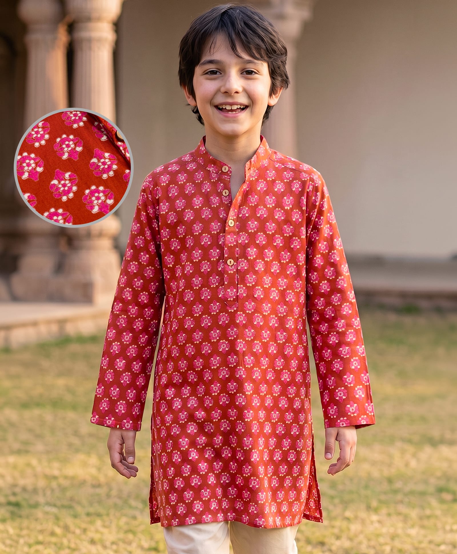 Pine Kids Cotton Woven Full Sleeves Floral Printed Kurta - Maroon-image-24