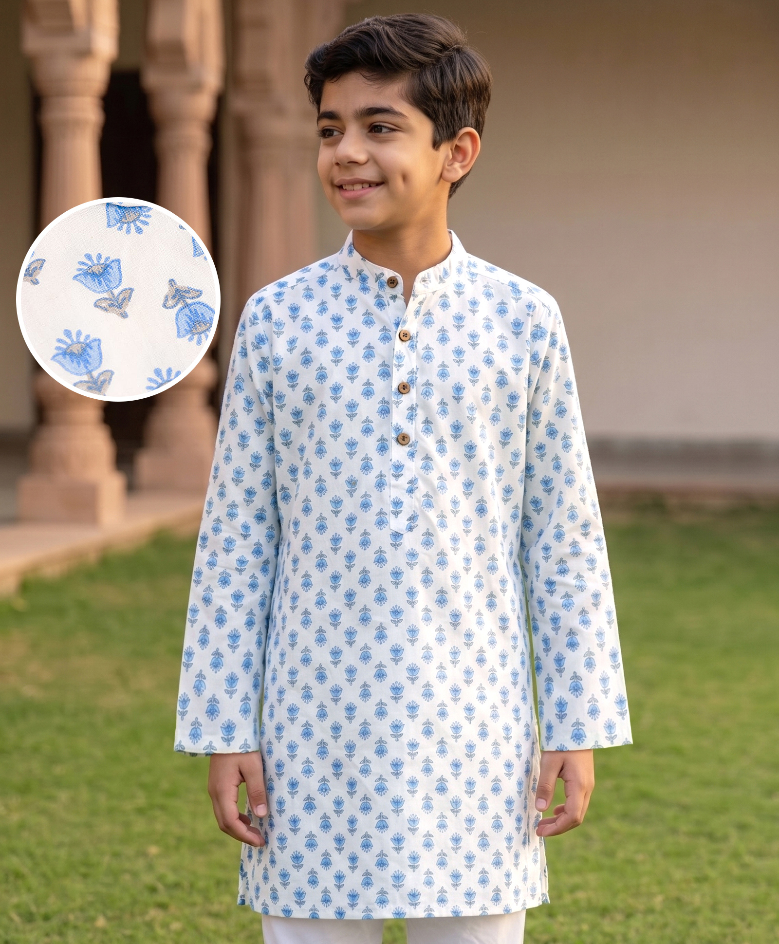 Pine Kids Cotton Woven Full Sleeves Floral Printed Kurta - White-image-11