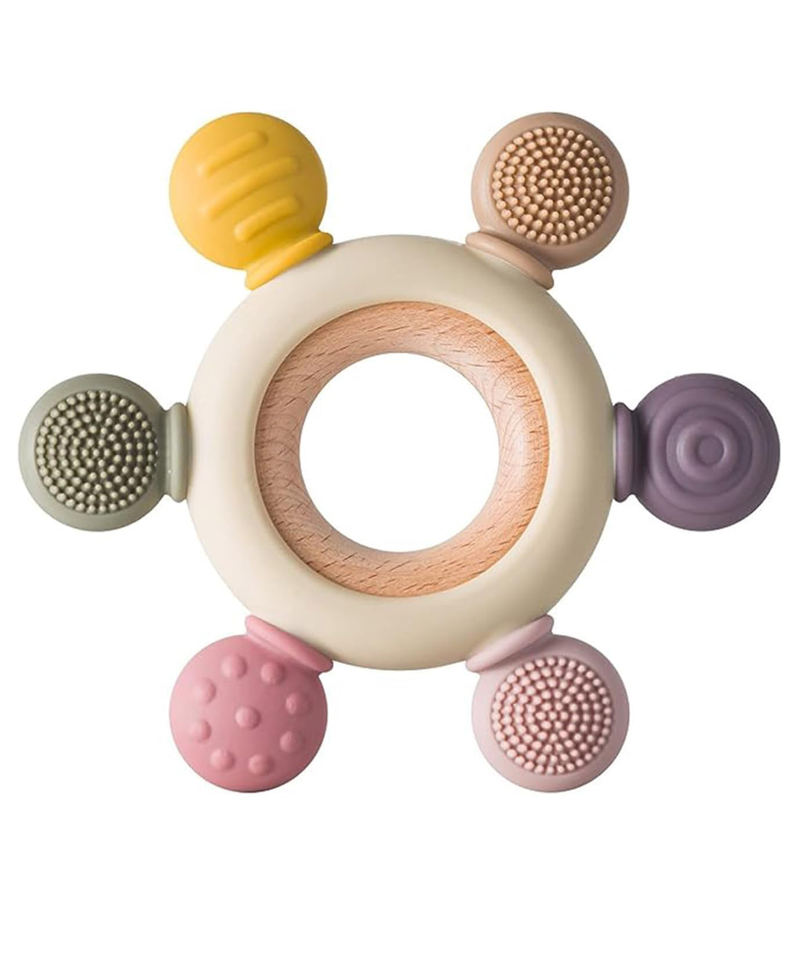 ADKD Baby Silicone & Wooden Teether Ring | BPA-Free Multi-Texture Sensory Teething Toy for Infants | Easy Grip Baby Rattle Teether-picture-10