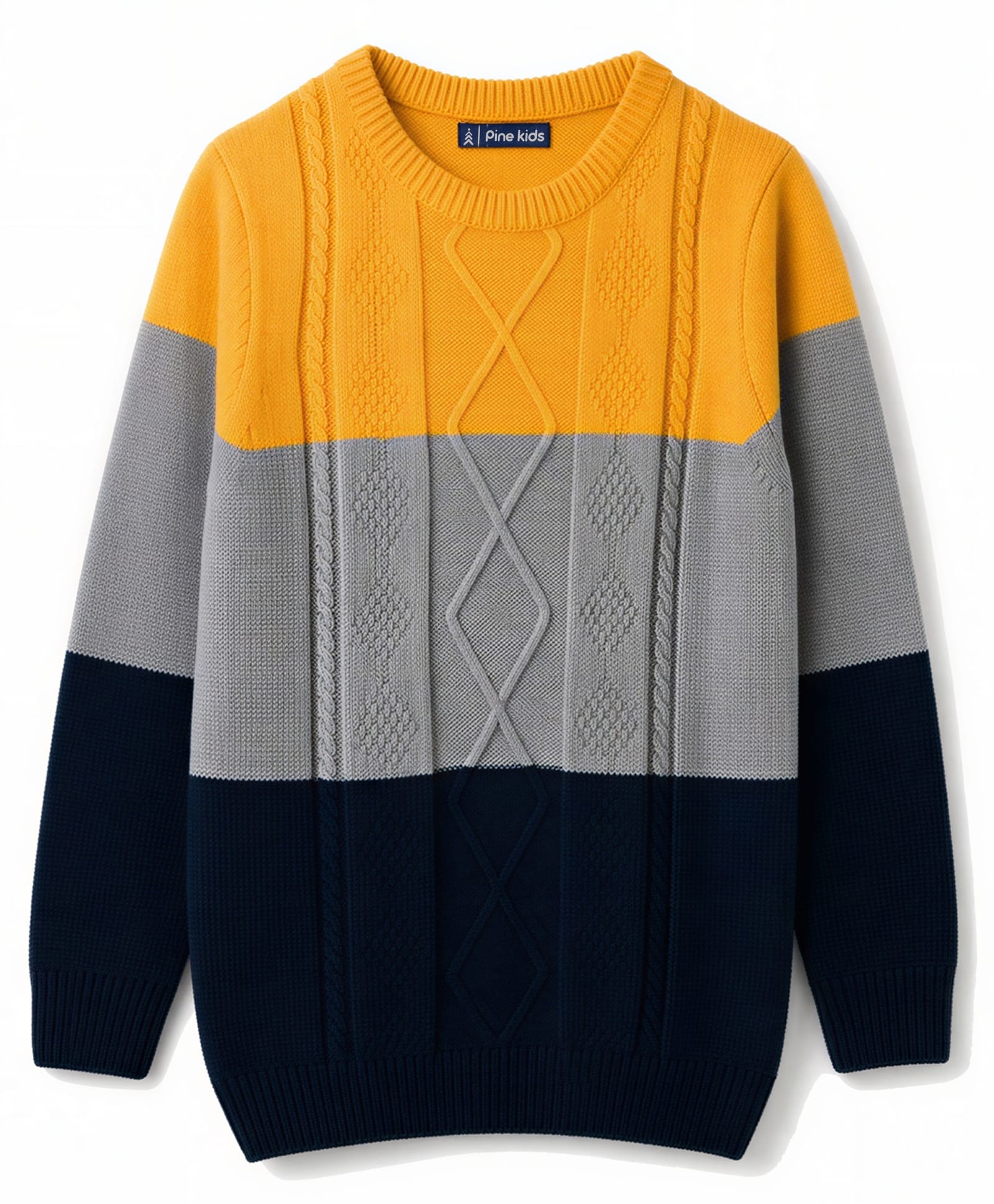 Pine Kids Knit Full Sleeves Colour Block Pullover with Cable Knit Design - Yellow & Grey & Black-picture-40
