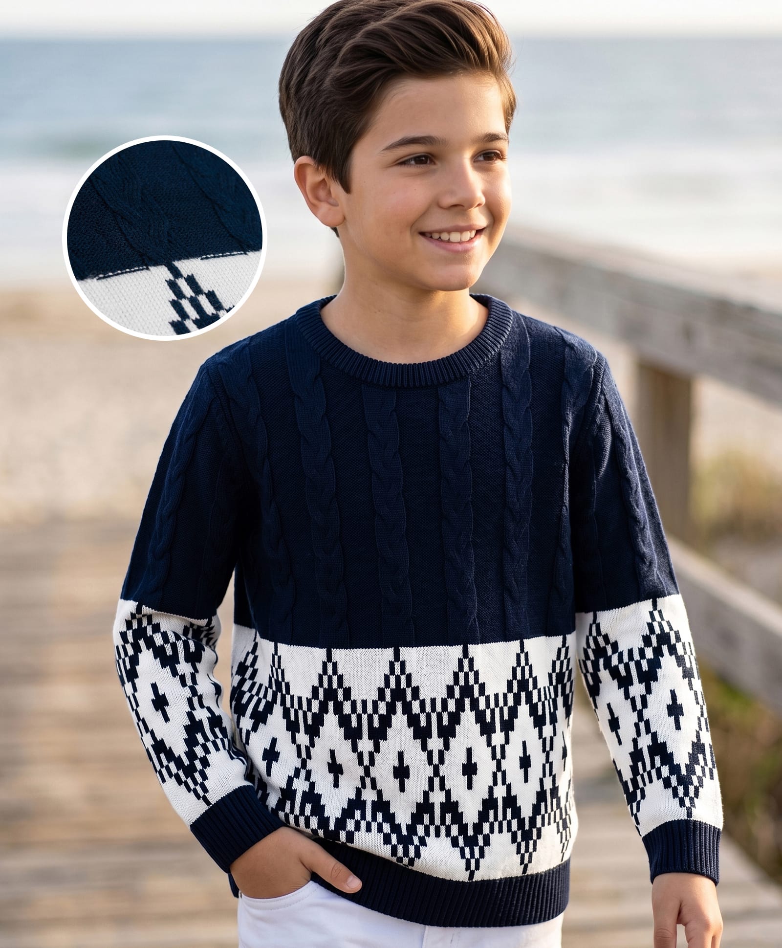 Pine Kids Knit Full Sleeves Pullover Sweater With Cable Knit Design - Navy Blue-picture-29