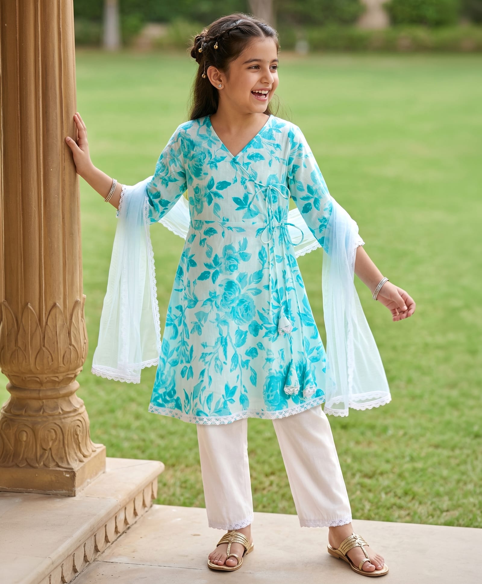 Pine Kids Cotton Woven Three Fourth Sleeves Floral Printed Kurti Churidar Set with Dupatta- Sky-picture-27