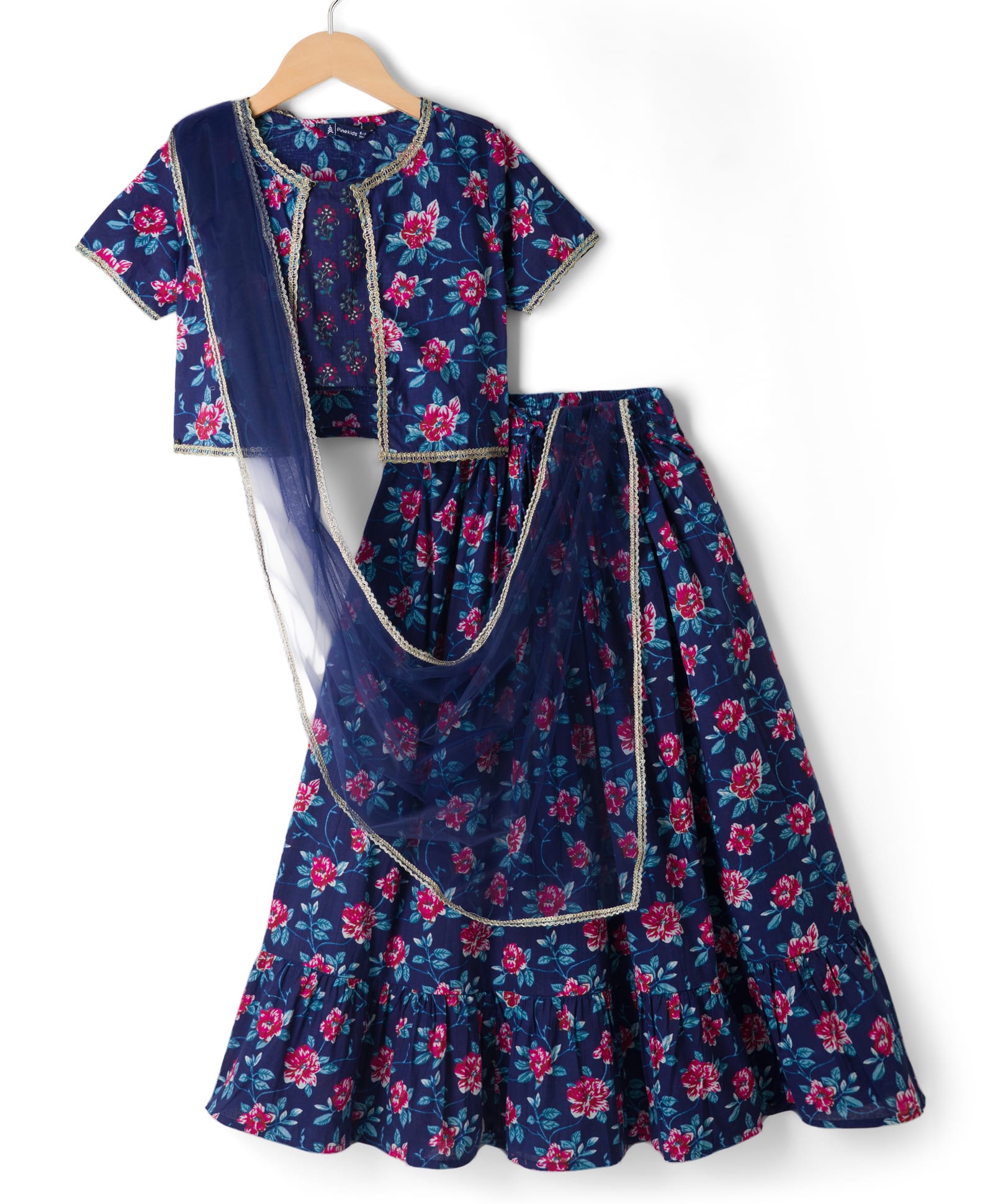 Pine Kids Cotton Woven Floral Printed Choli Lahenga Dupatta Set With Half Sleeves Jacket - Navy-image-15