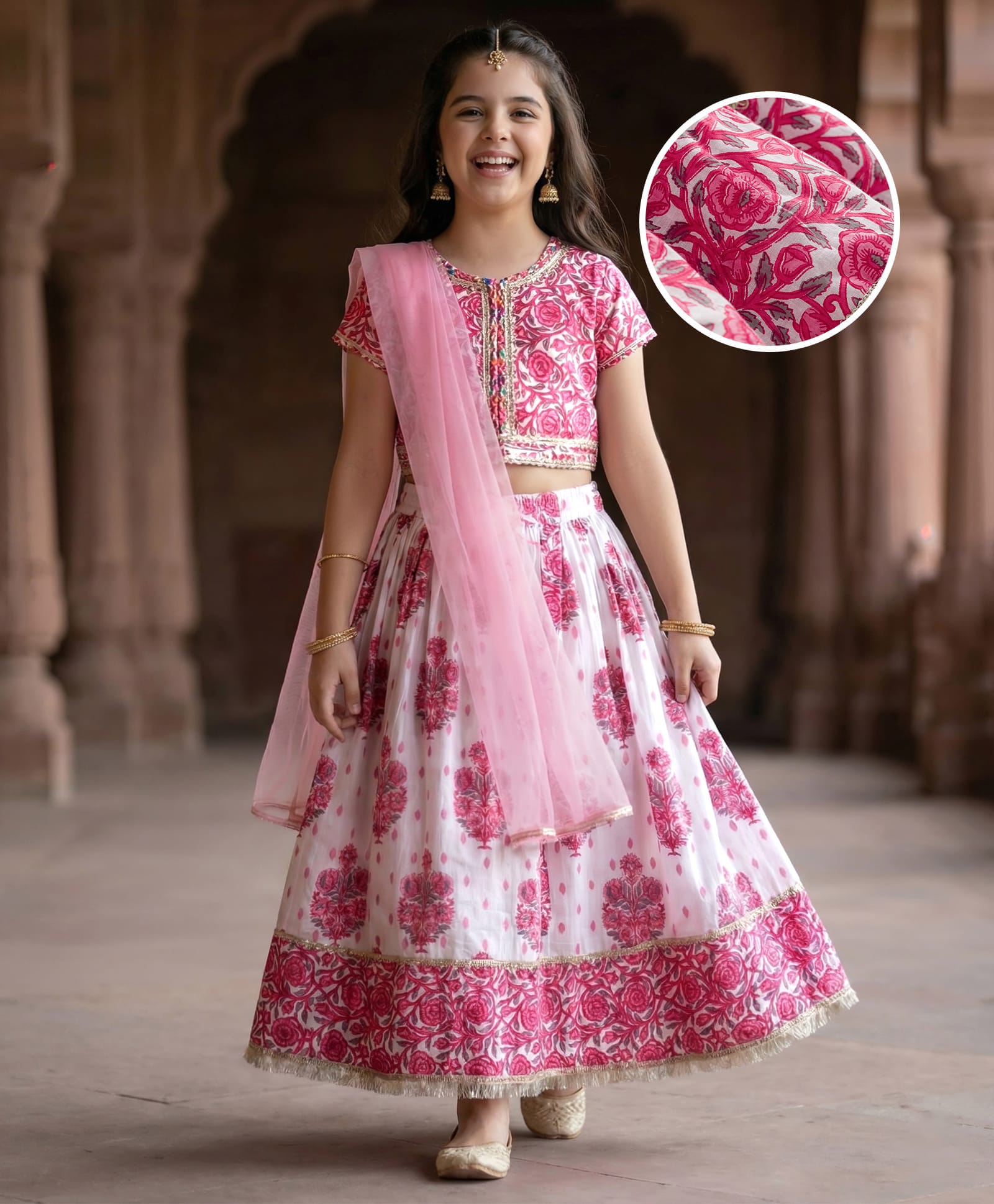 Pine Kids Cotton Woven Half Sleeves Floral Printed Choli Lahenga Set with Dupatta - White-picture-13