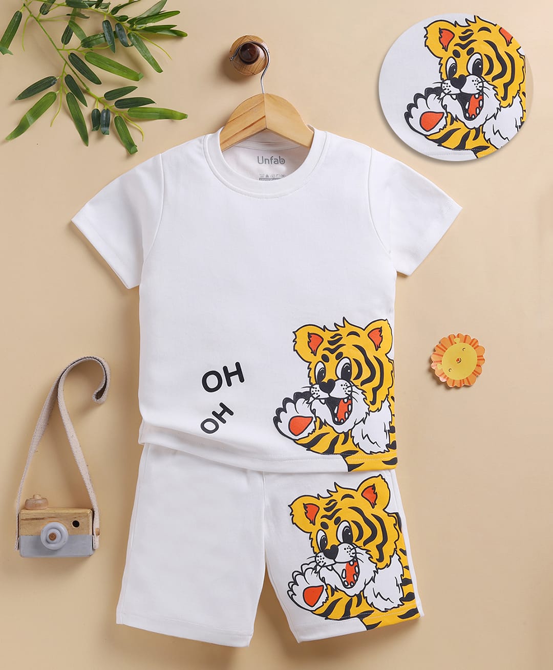 Unfab Cotton Knit Half Sleeves Penguin Printed Tee & Shorts Set - White-picture-10