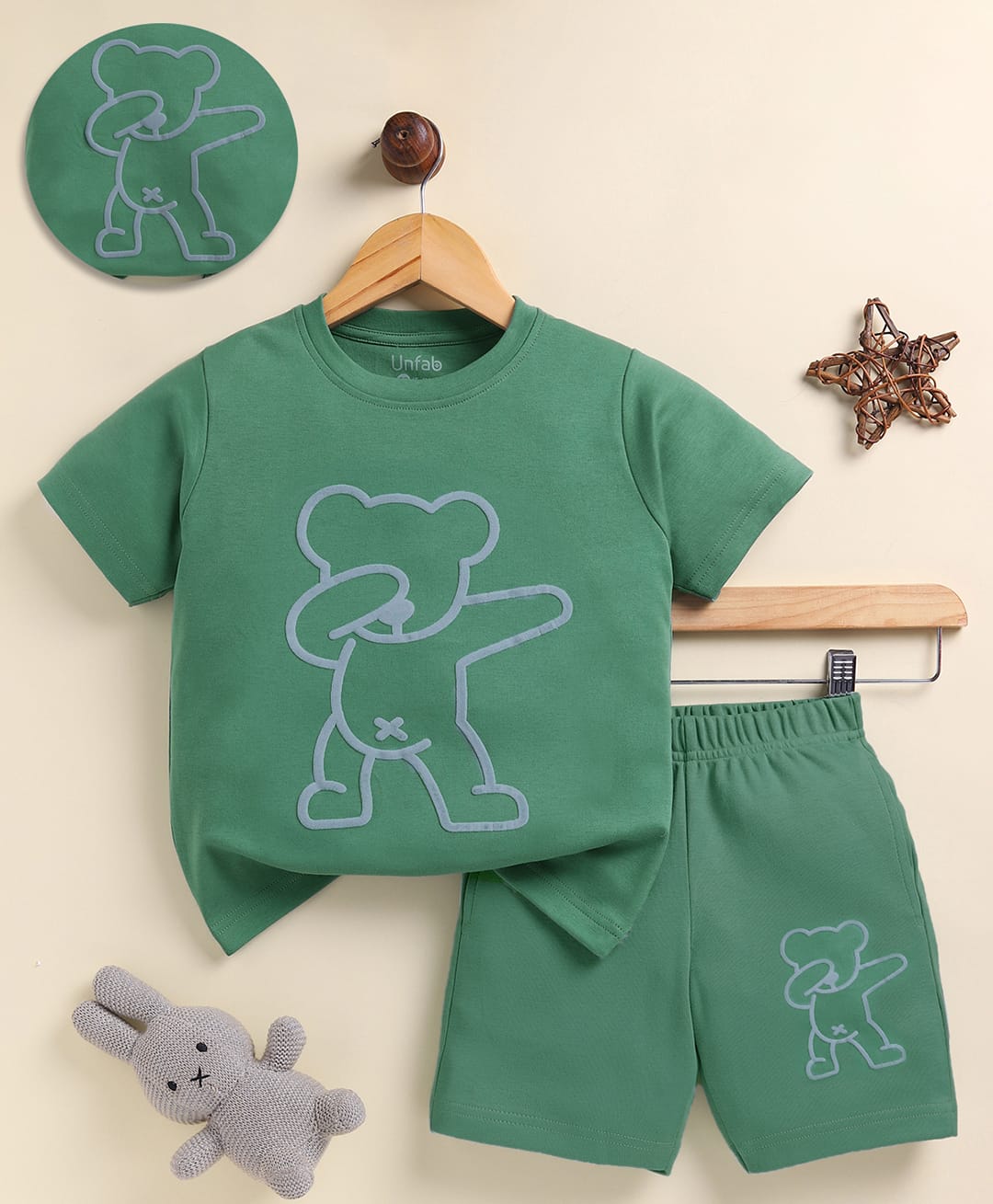 Unfab Cotton Knit Half Sleeves Teddy Designed Tee & Shorts Set - Green-picture-15